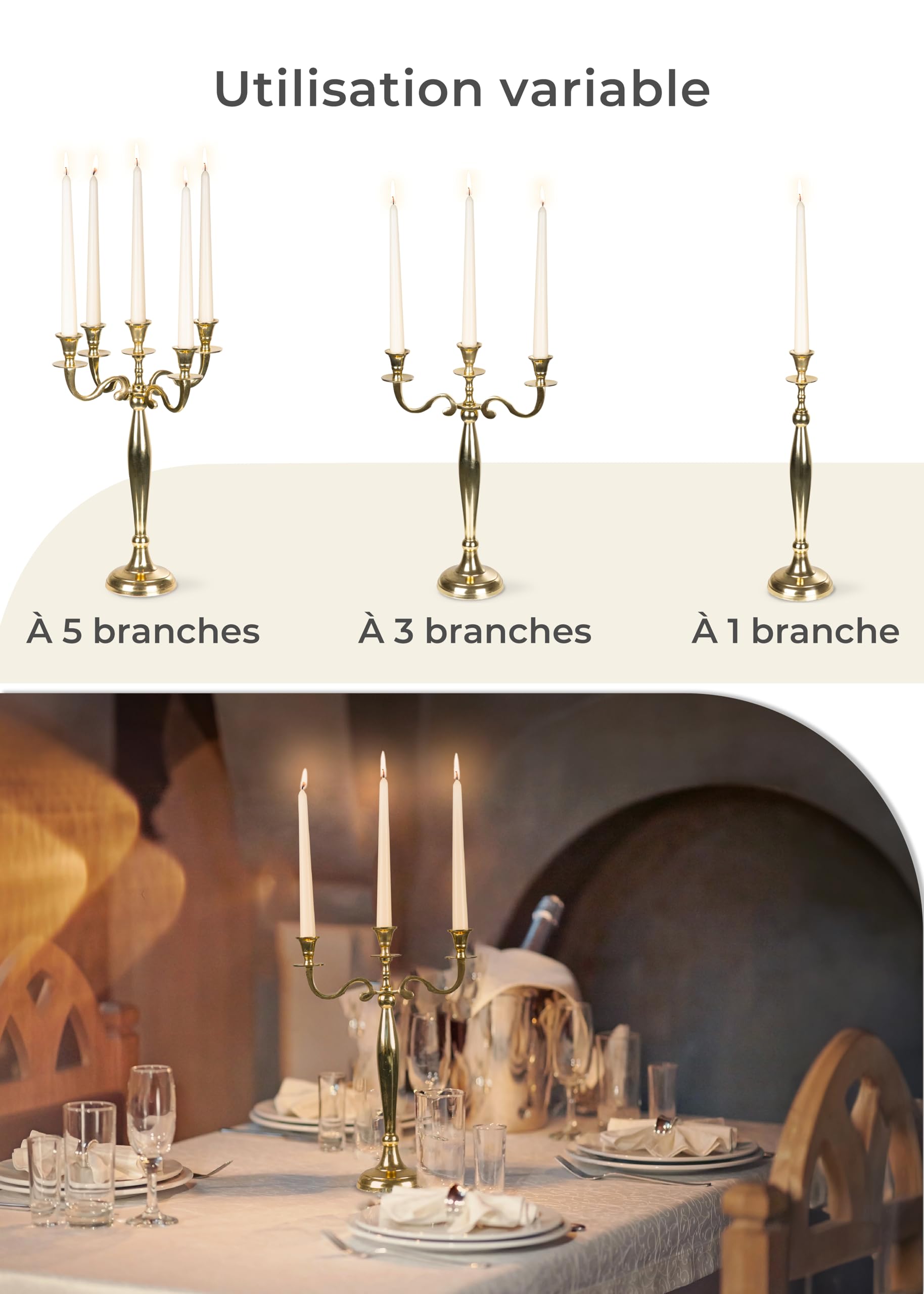 Gräfenstrayn Chandelier Candélabre Décoratif – 1, 3 ou 5 Bras – Argent, Noir, Blanc ou Or – Plusieurs Tailles – Bougeoir Élégant pour Bougies Pilier – Décoration Intérieure Table et Cheminée
