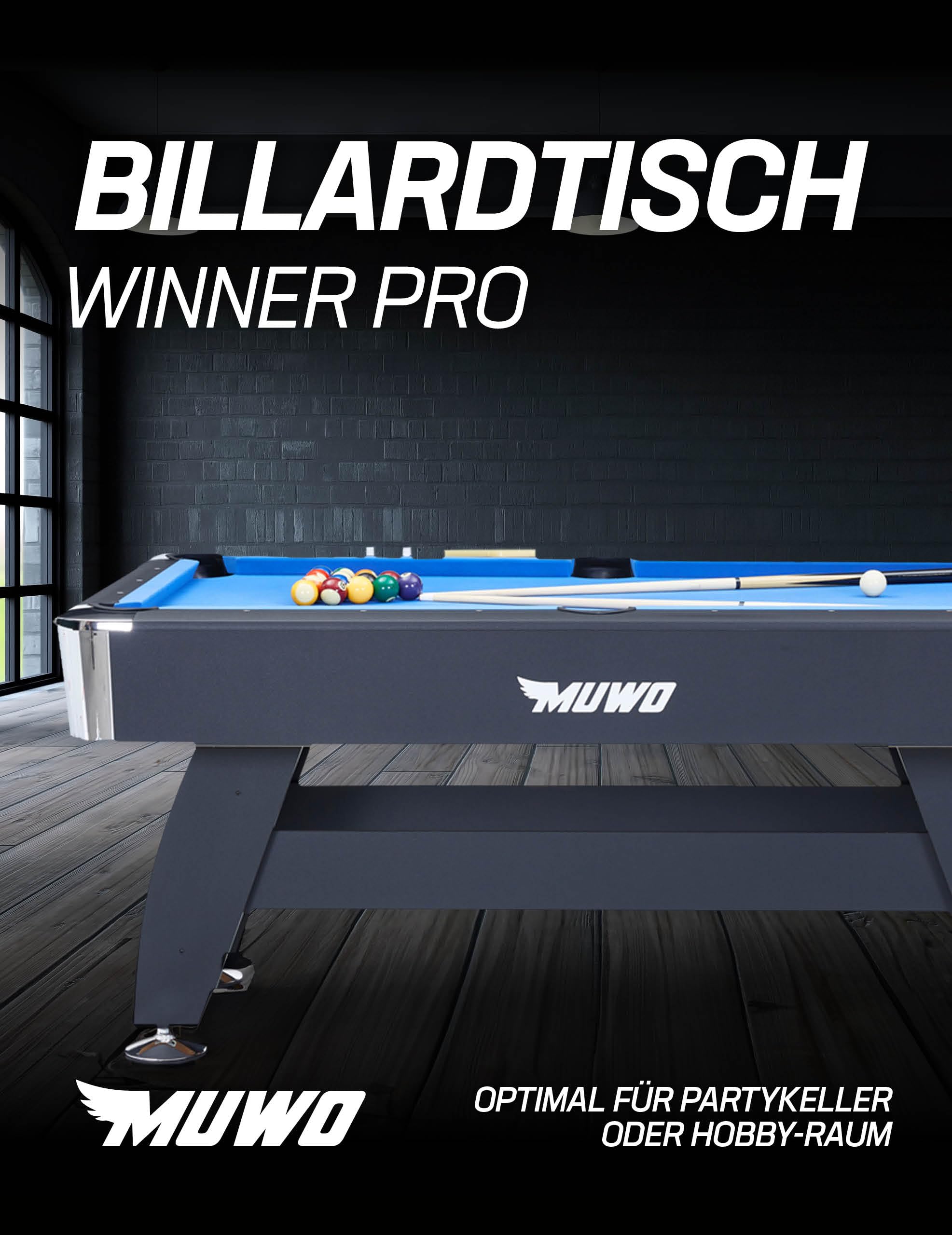 MUWO Winner Pro Billardtisch inkl. einem Satz Kugeln, mit Aufbaudreieck, 2 Queues, mit Kreide und Einer Bürste. Tisch im Original-Stil. Maße (LxBxH): 183 cm x 102 cm x 81 cm, Gewicht 80 kg, 2 Farben