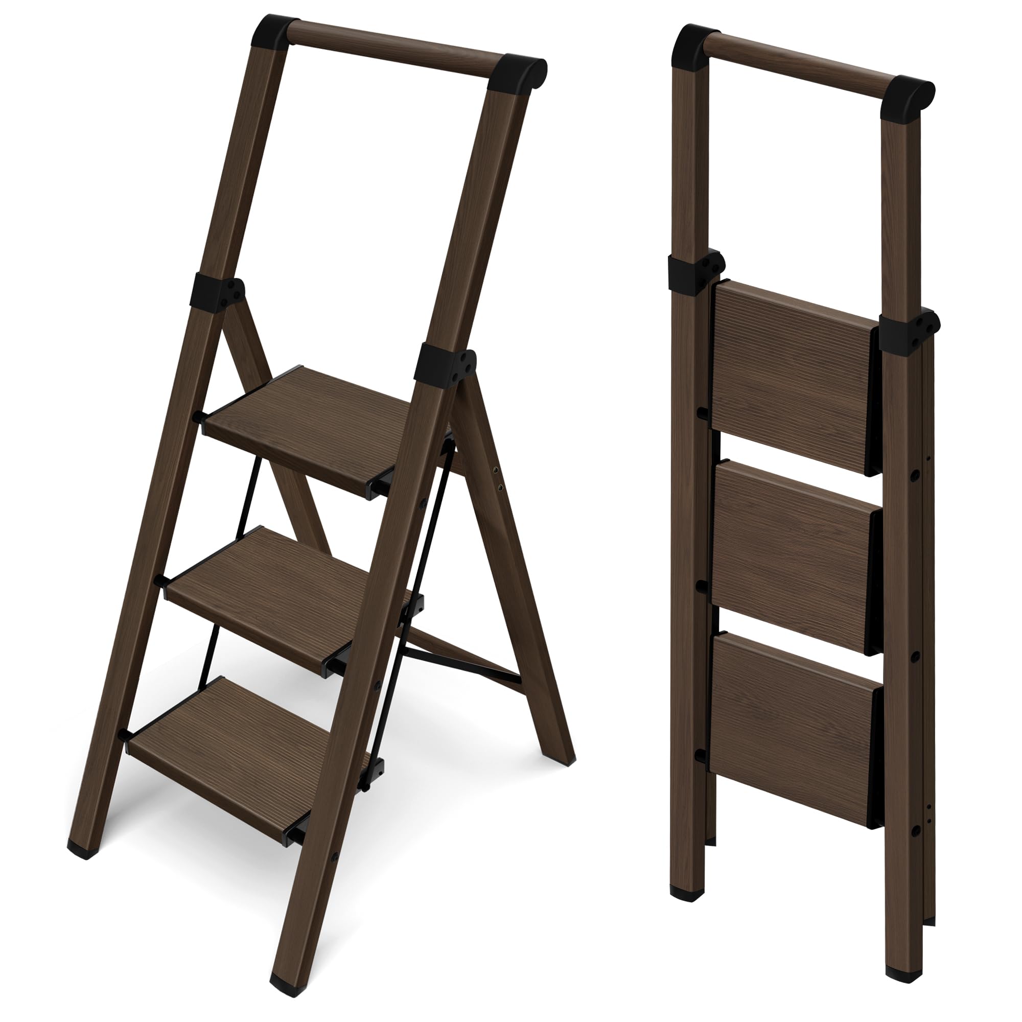 HillhutApex 3 Step Foldable Aluminum Step Ladder with Handgrip, Anti-Slip Pedal, 330lbs Capacity, Lightweight & Portable for Home, Kitchen, Office, Garage (Walnut)