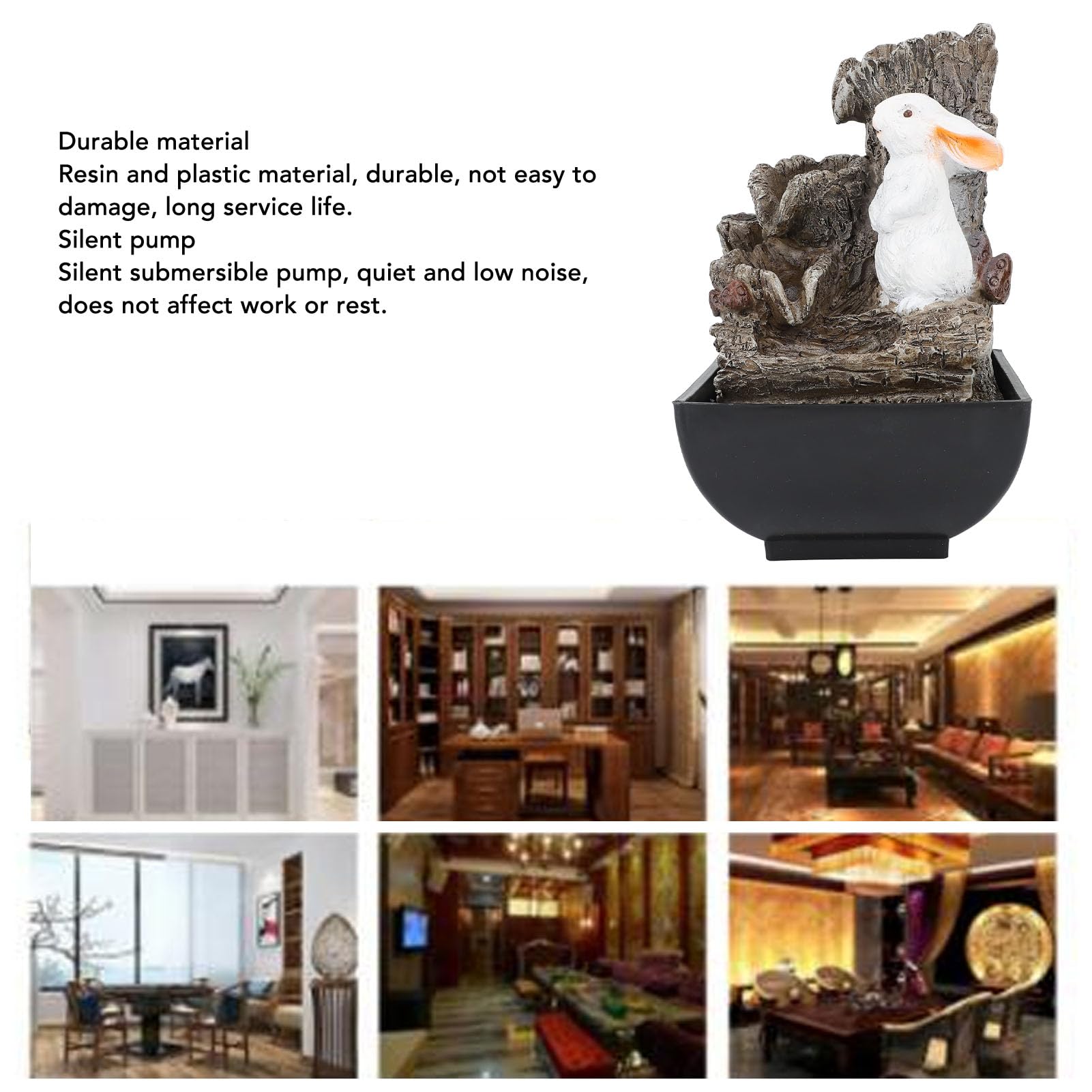 Lybunair Bunny USB 5V LED Resin Tabletop Tiered Water Fountain Indoor Waterfall Meditation Fountain for Study Room Office Desk