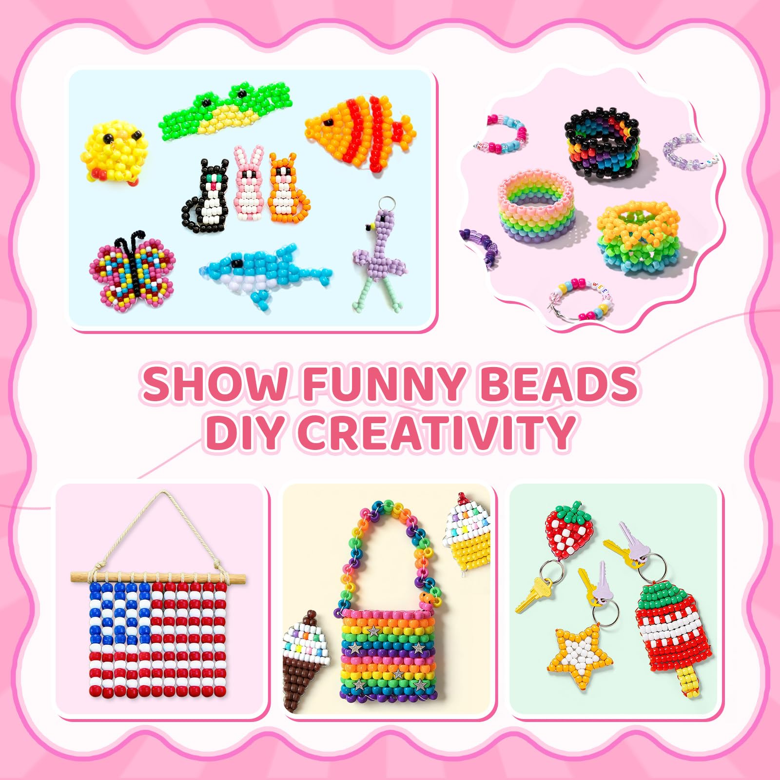 Umikk Pony-Perlen in 48 Farben, 6 x 9 mm, Kunststoff-Kandi-Perlen für Armbänder, Haare, Flechten, Schlüsselanhänger, Schnüren, Basteln, Geschenke für Kinder ab 6 Jahren (2,60 kg, stapelbarer