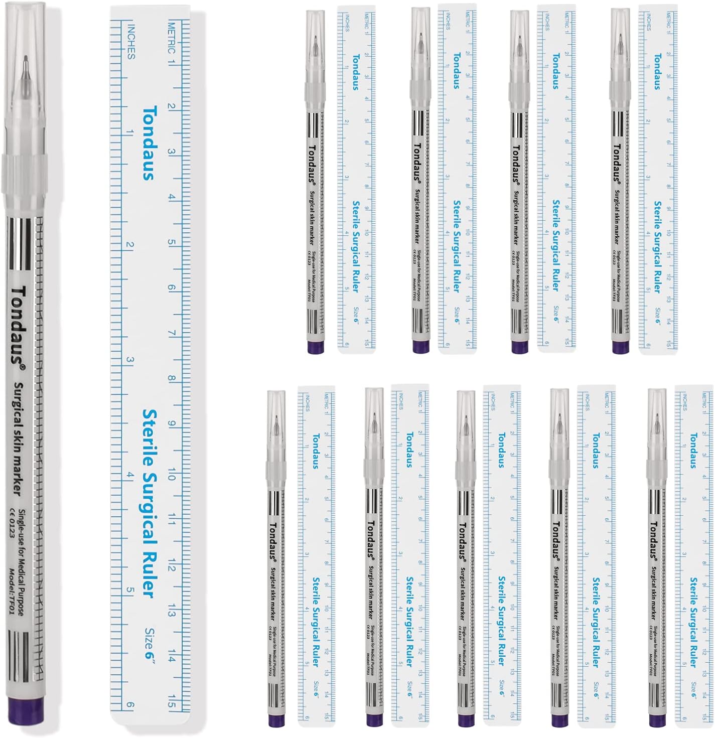 JimKing 10 Pcs Tattoo Markers, Microblading Surgical Marker with Paper Ruler, Waterproof Disposable Tattoo Marker for Skin, Eyebrow, Head 0.5mm, Blue