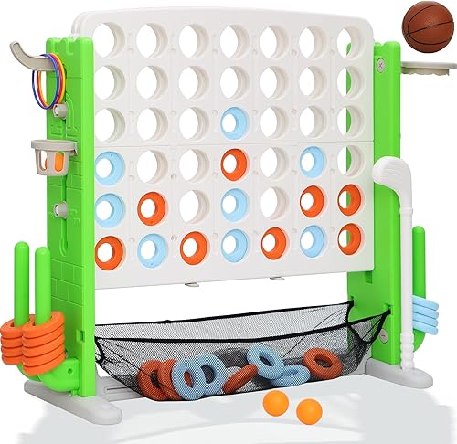 Juego gigante 4 en una fila, ajuste de altura conecta 4 juegos de patio jumbo para niños y adultos con bolsa de captura de malla, golf, aro de