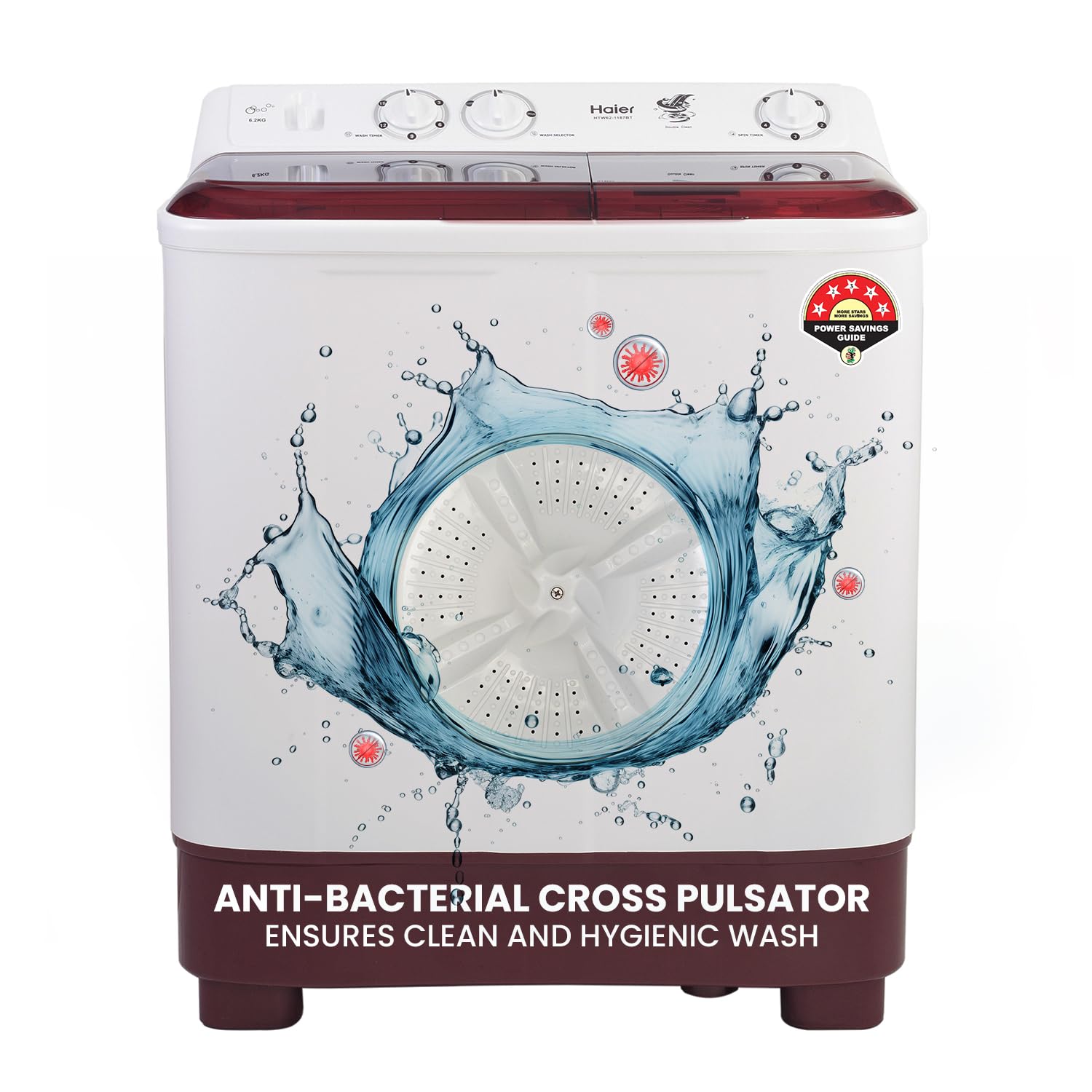 7190i7sJHCL SL1500 Haier 7 Kg 5 Star Semi Automatic Top Load Washing Machine with Anti Bacterial Cross Pulsator and Spray Function (HTW70-1187BTN, Anti Rat Mesh, Magic Filter, Castors, Burgundy)