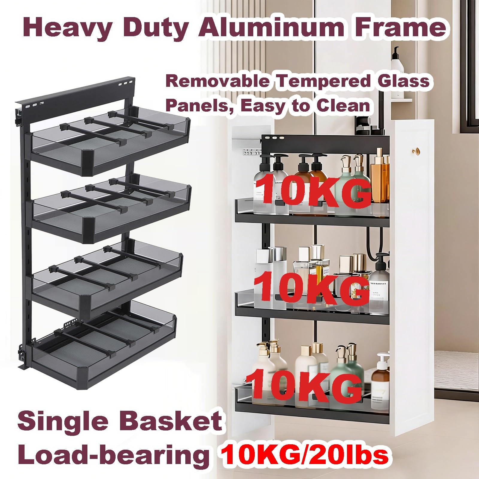 Scaffale sottile da cucina estraibile per armadi, soluzione di archiviazione scorrevole per bagno e comodino, mensola a 4 ripiani (25 x 47 x 88 cm)