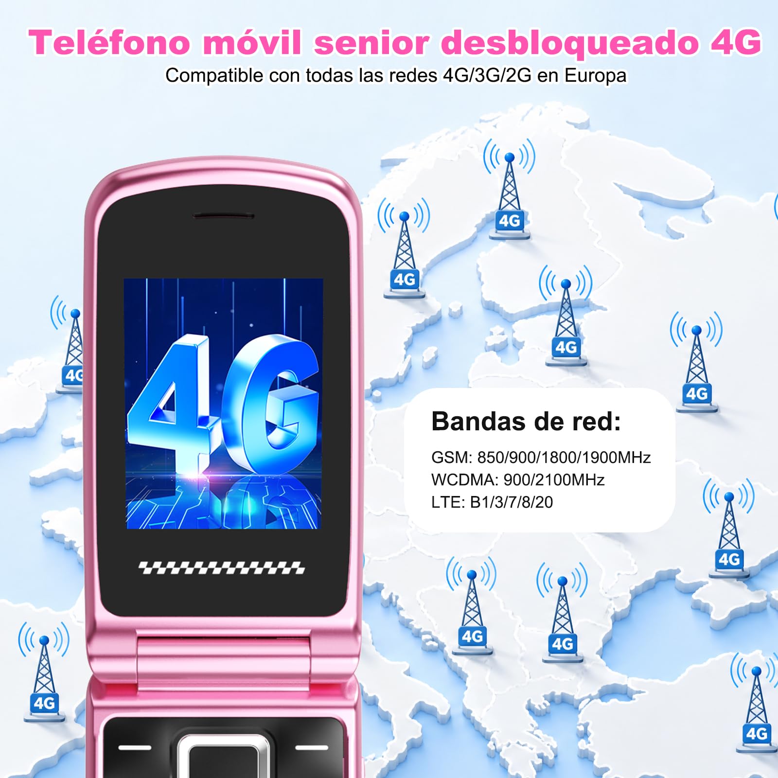 4G Telefono Movil para Mayores Libre | Teclas Grandes | Fácil de Usar Teléfono Móvil Personas Mayores| Doble SIM Doble Pantalla LCD | Locución por Voz |Botón SOS| Base Cargadora| Batería 1000mah|Rosa