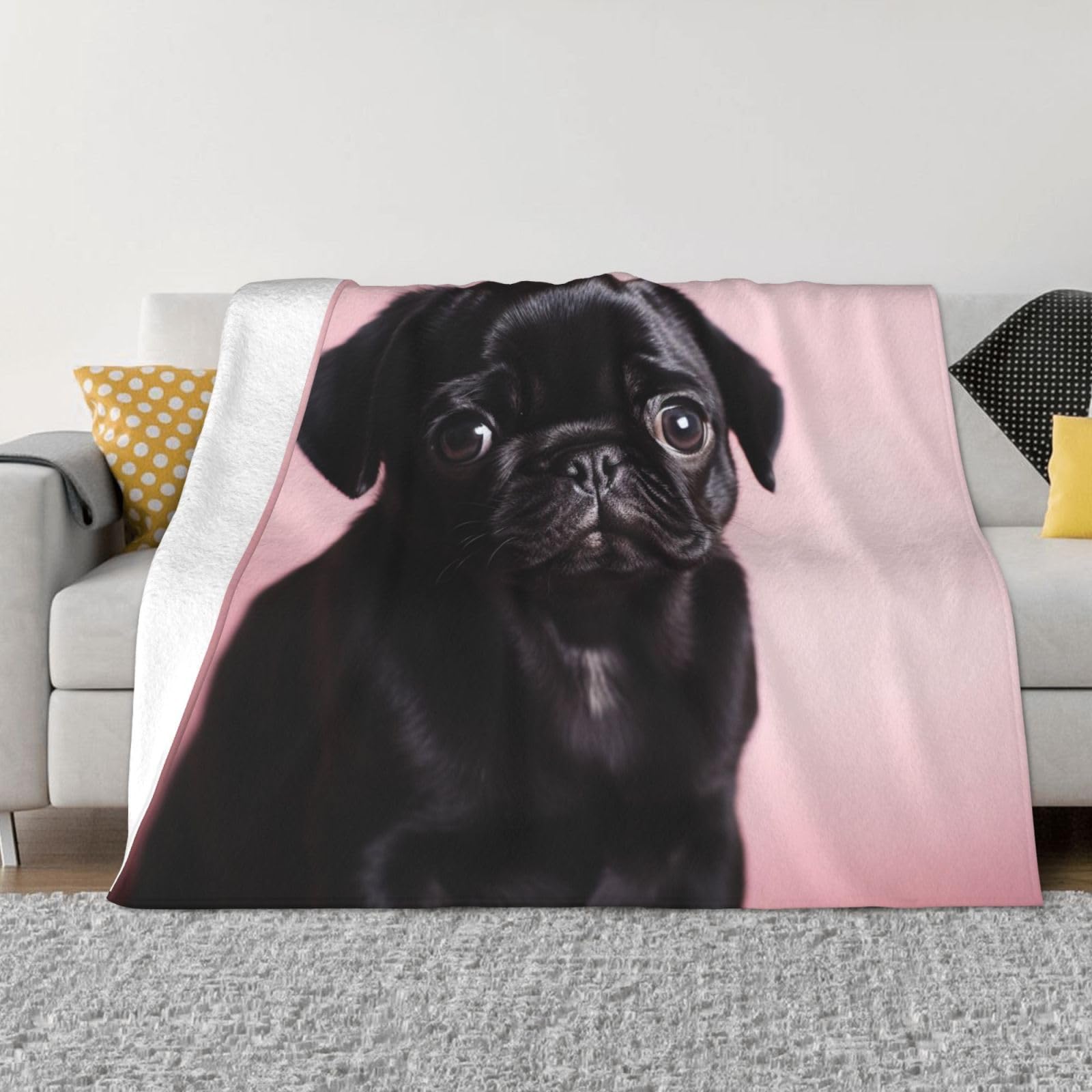 KLOPH Cute Black Pug Throw Blanket 50"x40" Flannel Fluffy Warm Blanket for Couch, Reversible Plush Blankets for Bed, Comfy Fuzzy Blanket for Sofa, Plush Lightweight-Blankets for All Season