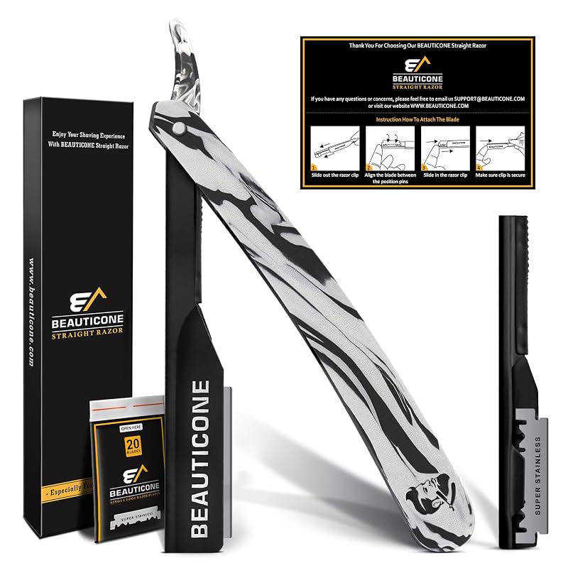 Navalha reta Beauticone para barbear com lâminas de borda única substituíveis, lâmina exposta de 1,2 mm, acabamento Marble Black, estojo e caixa para presente