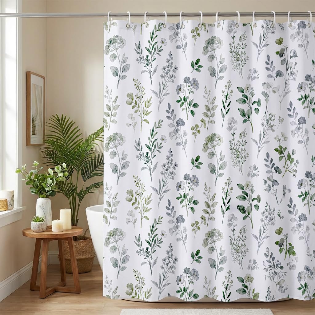 Zafyygh Colorful Watercolor Botanical Shower Curtain, 72X72 Inch Green Herbs And Leaves Floral Fabric, Nature-Inspired Farmhouse Bathroom Decor
