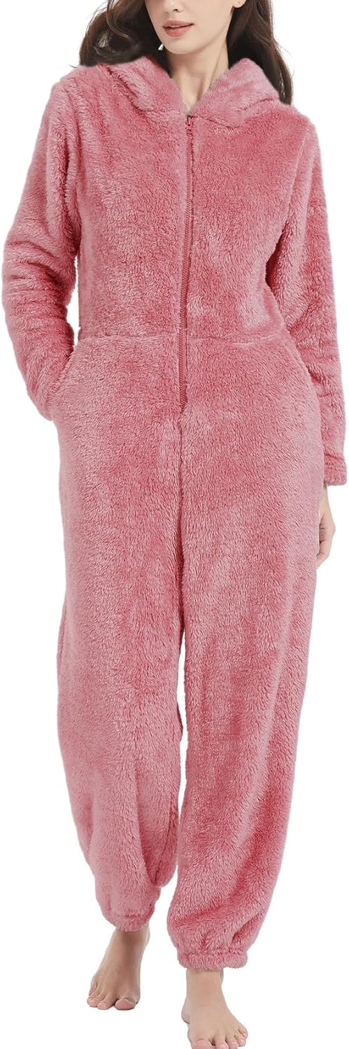 Kissonic Women's Onesies Pajamas Sherpa Fleece One Piece Romper Zipper Cute Hooded Jumpsuit Pajama Loungewear