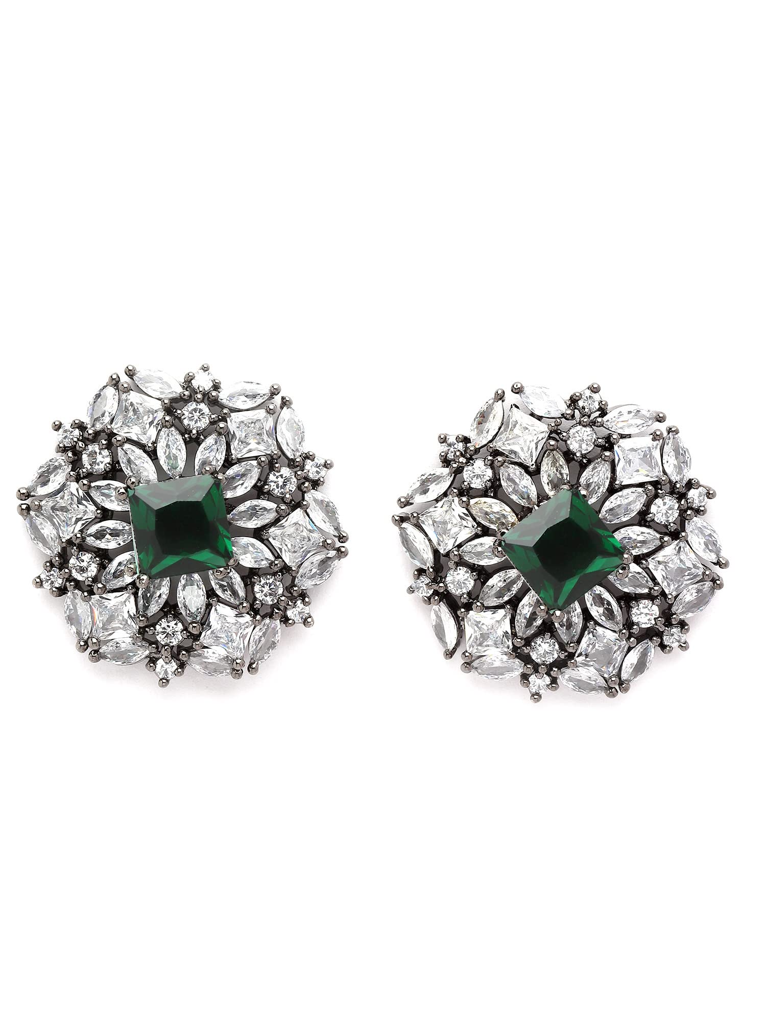 Karatcart Black Silver Plated Green American Diamond Stud Earrings for Women