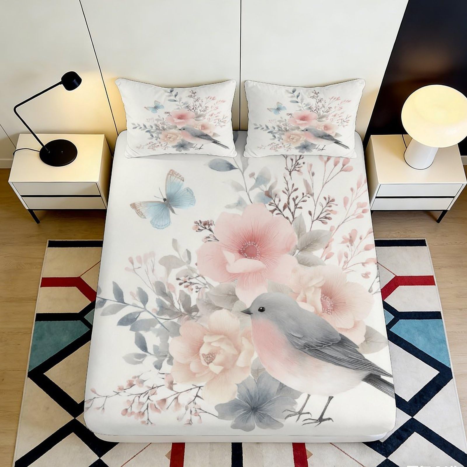 3D Printed Watercolor Bird Floral Fitted Sheet Microfiber Soft Breathable Butterfly Mattress Cover Bedroom Decor 90x200x25cm