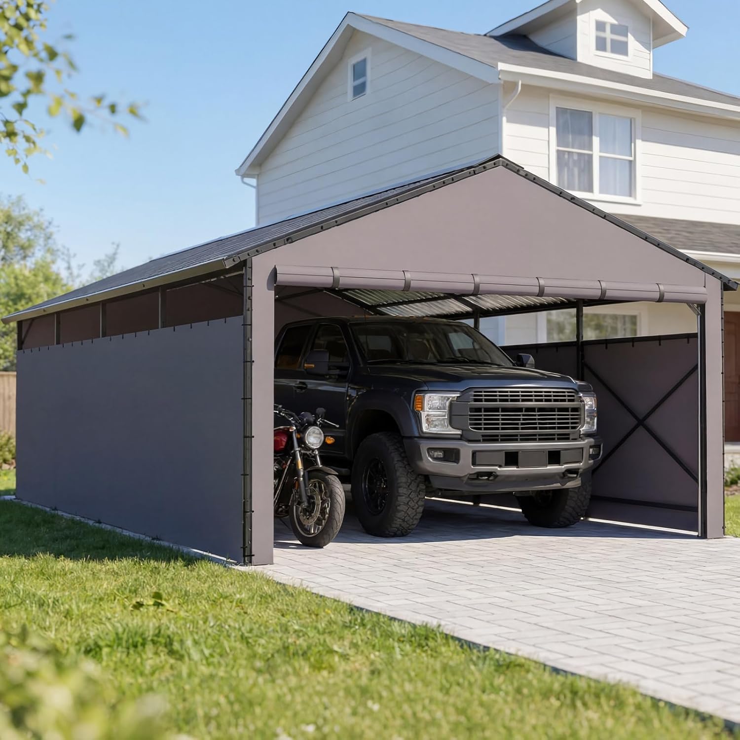 Redlife 11x21 FT Metal Carport, Heavy Duty Steel Frame Garage Shelter with Sloped Metal Roof, 3-Layer 201D Oxford Fabric Sidewalls, UV & Snow Resistant Outdoor Car Canopy for Cars, Trucks & Boats