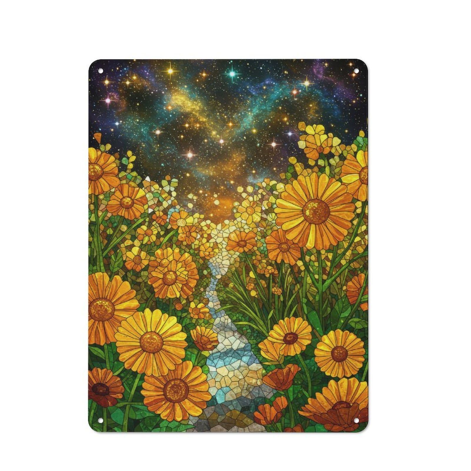 Junmoney Floral Galaxy Stained Glass Art Simple Retro Metal Wall Plaque 40X30cm, Studio Wall Plaque For Hobby Room, Office, Lounge Or Living Room