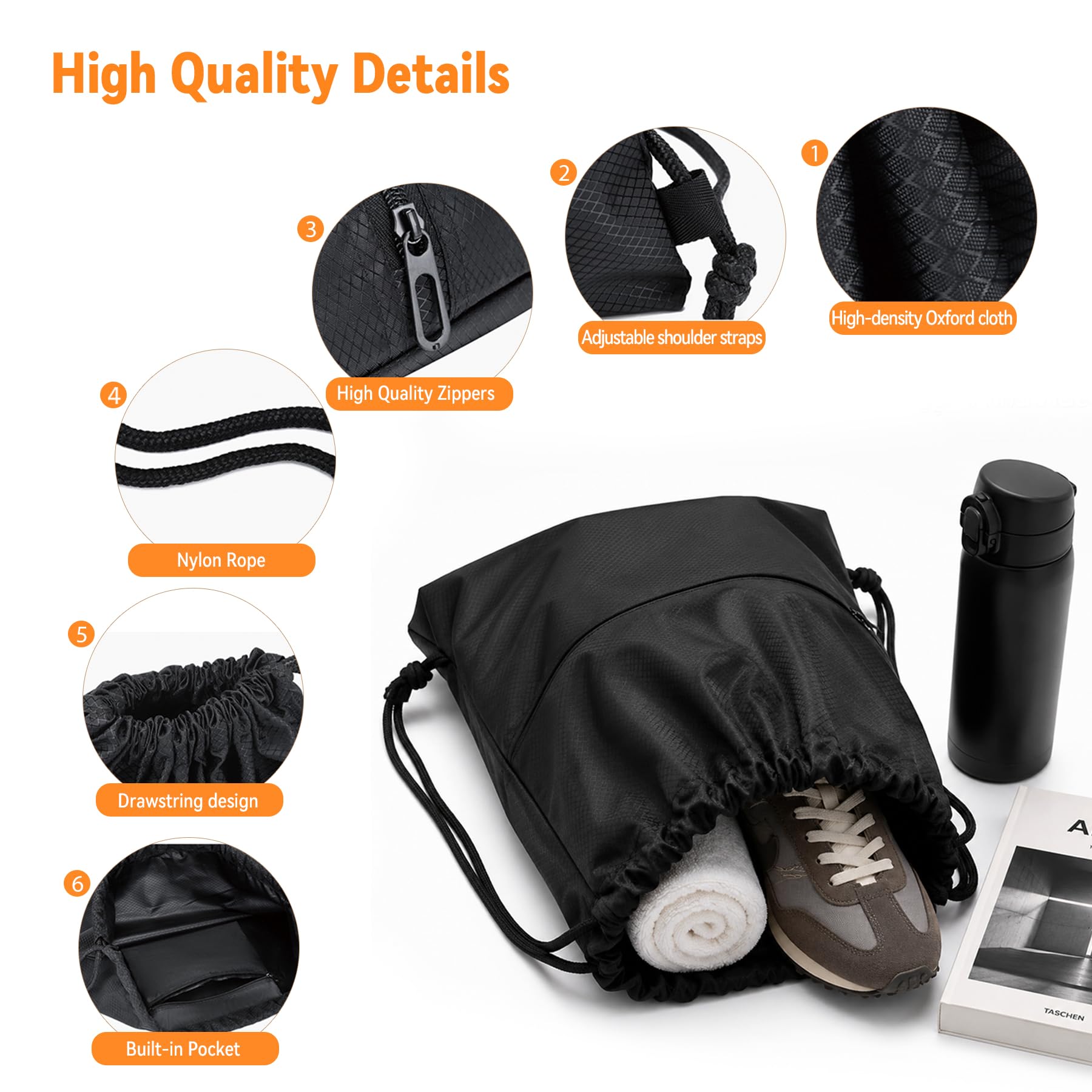 Arae Wasserdichter Drawstring Rucksack aus Oxford-Stoff mit Vortasche, Leichter Sportbeutel für Fitness und Reisen, Schwarz, L