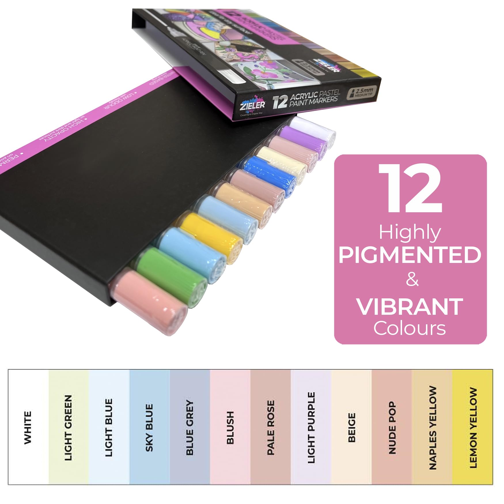 Zieler 12 Acrylic Paint Pens for Rock Painting, Ceramic, Porcelain, Glass, Stone, Pebble, Fabric, Wood & DIY Mug Design Permanent Water-based Marker Pens – Pastel colours (Medium Tip - 2.5mm)