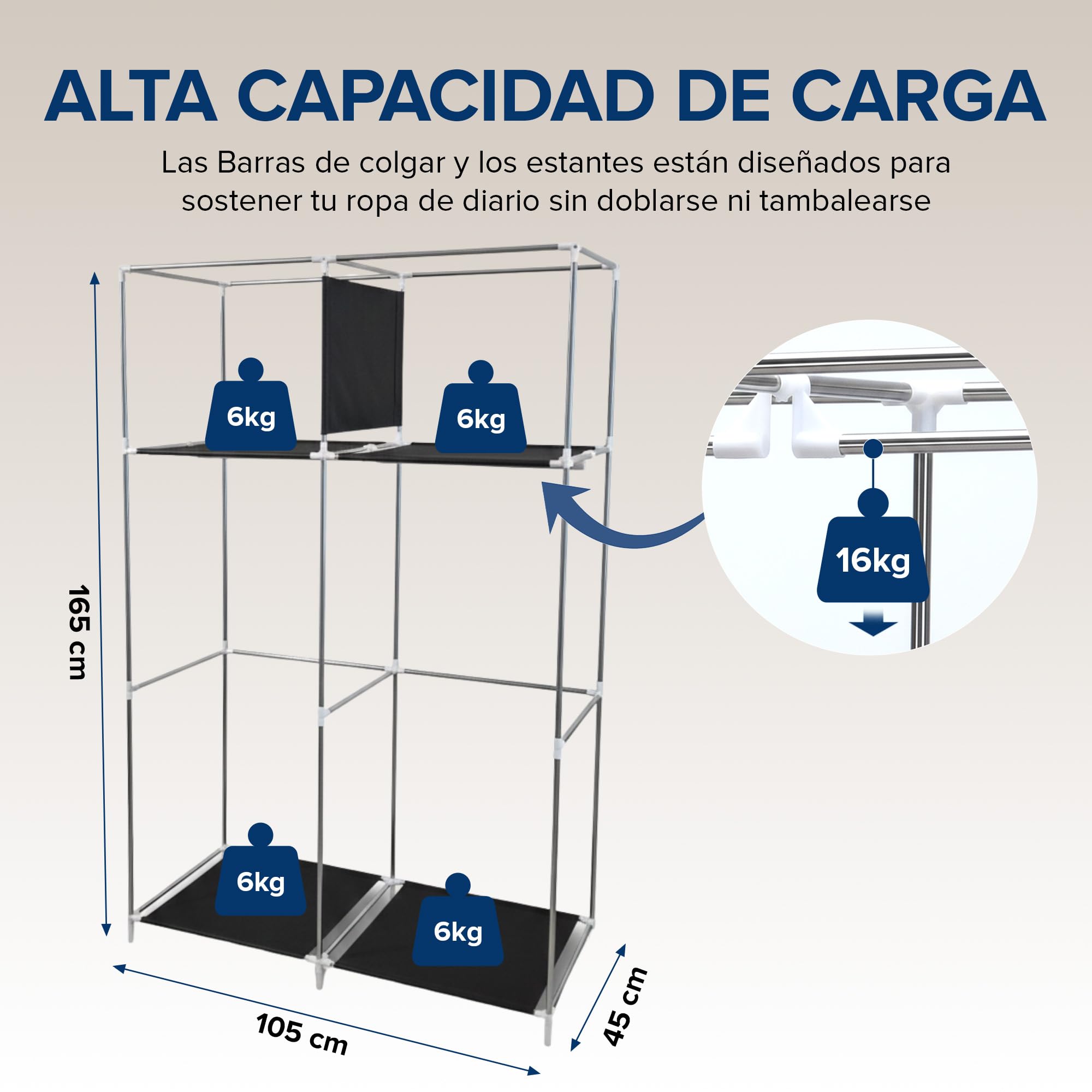 BILSOS Armario de tela105x45x165cm con 2 Barras para Colgar, 4 estantes, 3 Perchas Plegables y 3 Fundas, Armario ropero Tipo Burro Ropa Resistente - Closet Organizador — view 5