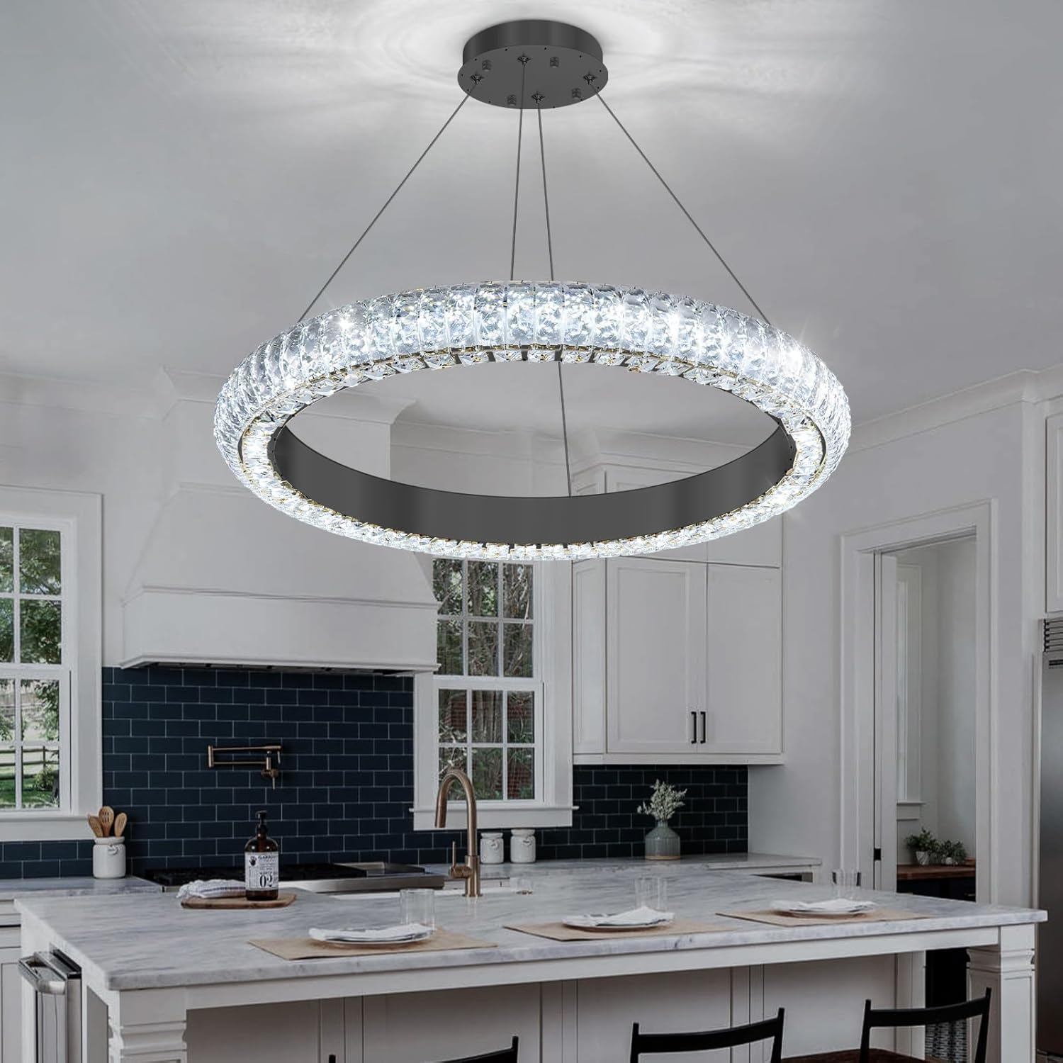 24" Ring Modern LED Dimmable Crystal Chandelier Adjustable Height Pendant Light Round Crystal Chandelier Light Fixtures for Dining Room Living Room Kitchen Island Black