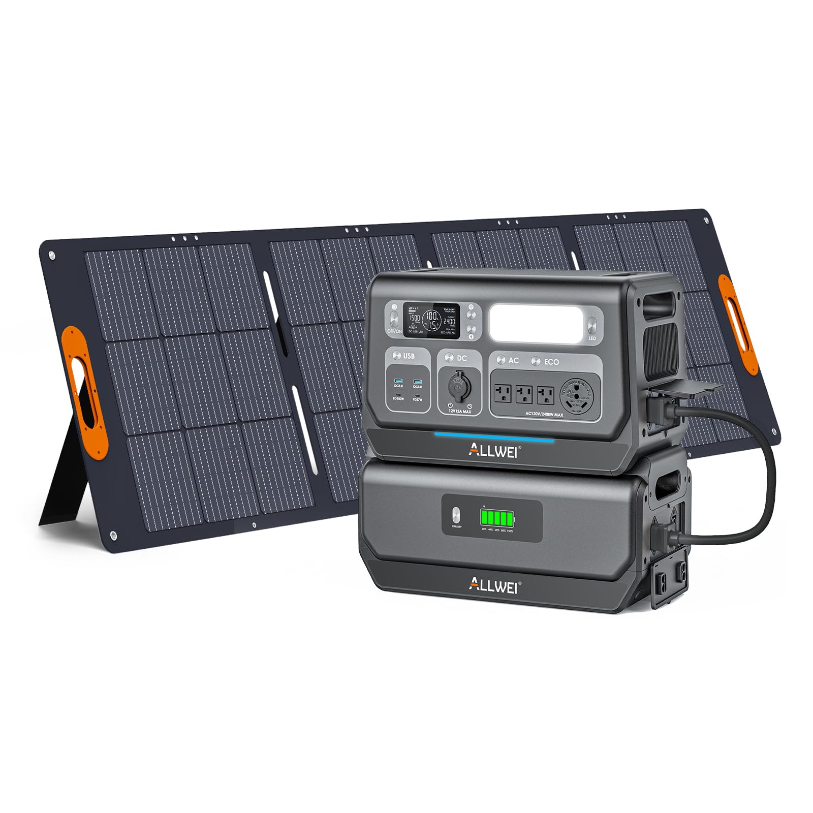 ALLWEI LiFePO4 Solar Generator 2400W with 1x 200W Solar Panels & B200 PRO Expansion Battery, 2048Wh Portable Power Station, Fast Charge in 1.5H, Battery Backup for RV Camping Home Off-Grid