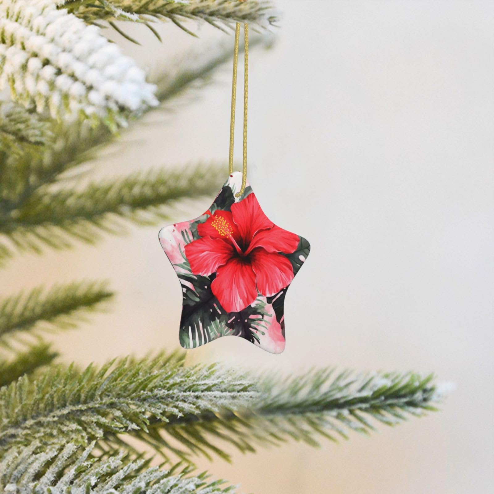 Christmas Tree Decoration Hanging Star Ornament Red Hibiscus Ceramic Ornaments Christmas Tree Decorations Star Pendants for Xmas Tree Winter New Year Wedding Party Supplies