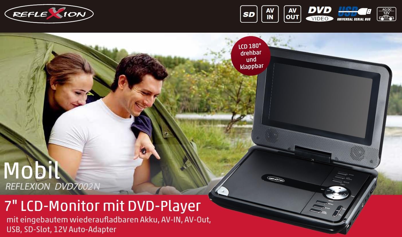 REFLEXION DVD7002N Écran LCD stéréo avec lecteur DVD 7" USB SD adaptateur voiture 180 degrés rotatif et pliable Système électronique anti-choc