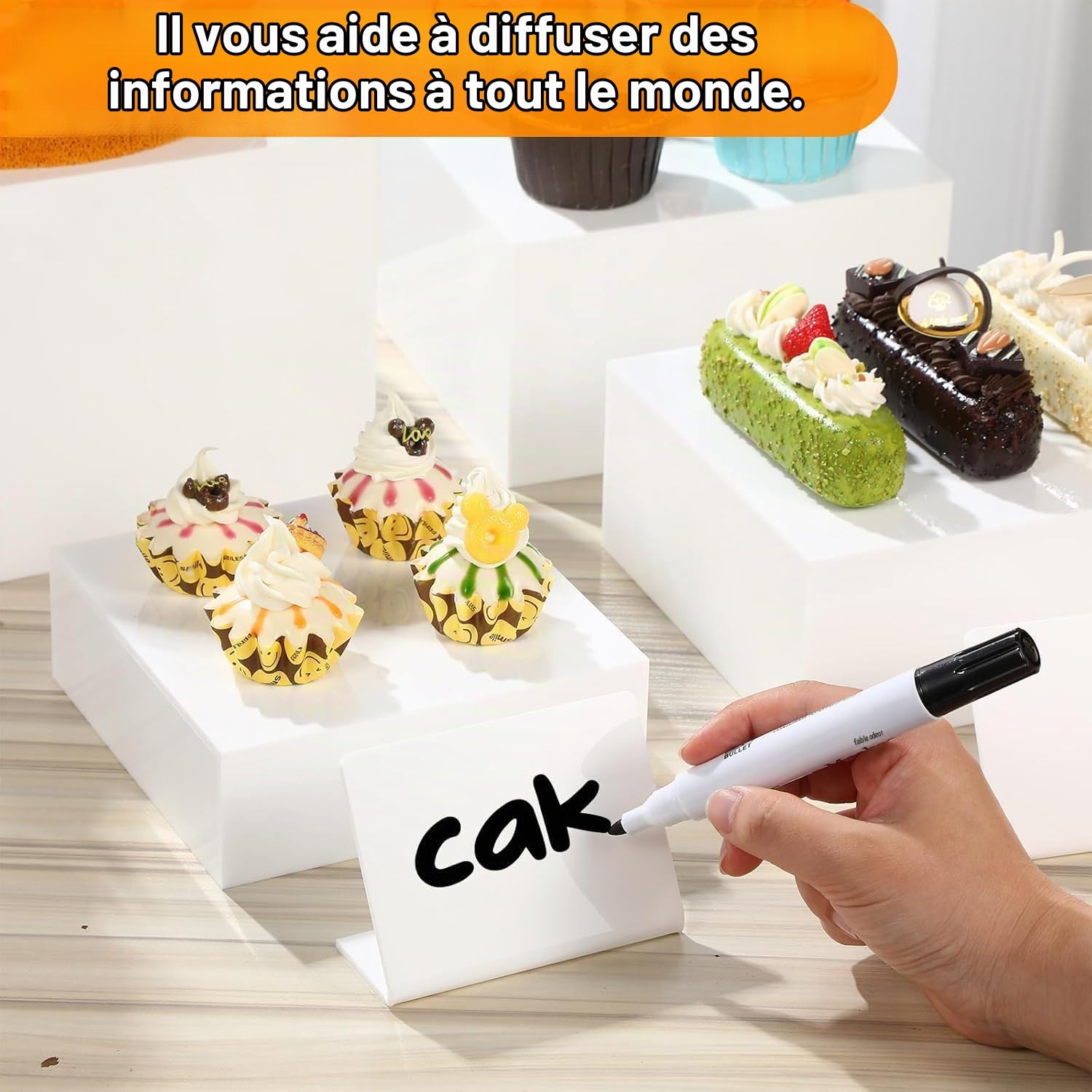 8 pièces Presentoir buffet avec mini panneaux de table, Présentoir acrylique, Cube en acrylique blanc avec fond creux, pour desserts/bijoux