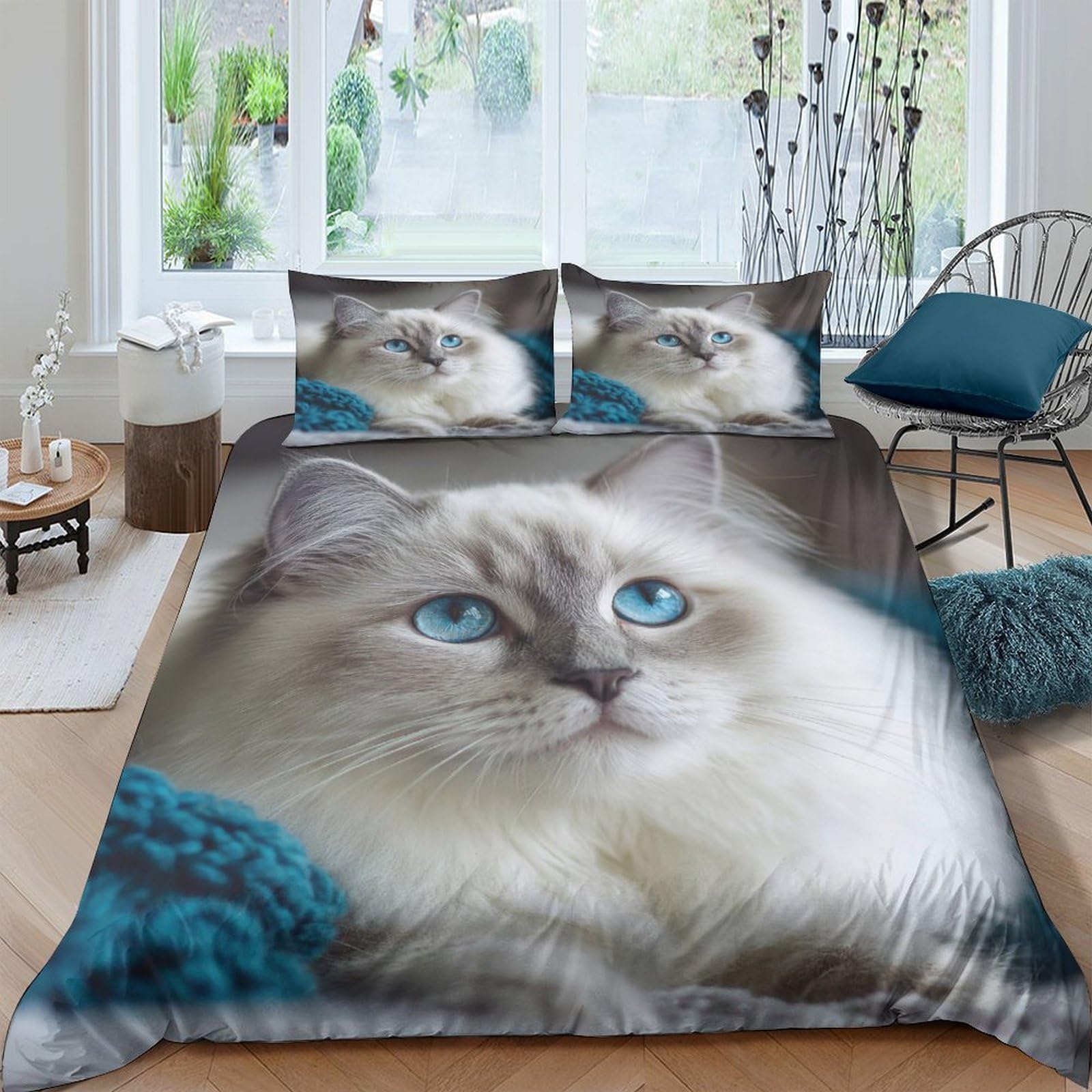 Ctjqhvkz Style-6 3D Printed Blue Eyed Cat Fitted Sheet Microfiber Soft Anti-Slip Fluffy Cat Mattress Cover For Bedroom Decor Single（135X200cm）