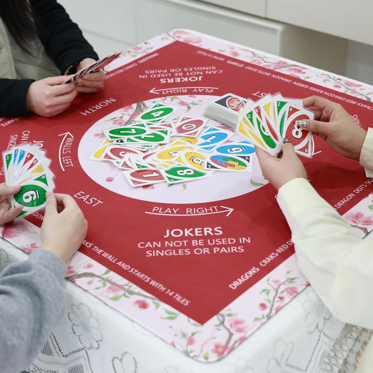 Mahjong Mat for Table with Rules, Noise-Reducing 32.6"x32.6" Mahjong Table Cover, Non-Slip Table Cloth for American Mahjong, Poker, Card, Board & Tile Game, Easy Storage with Travel Bag (Red)