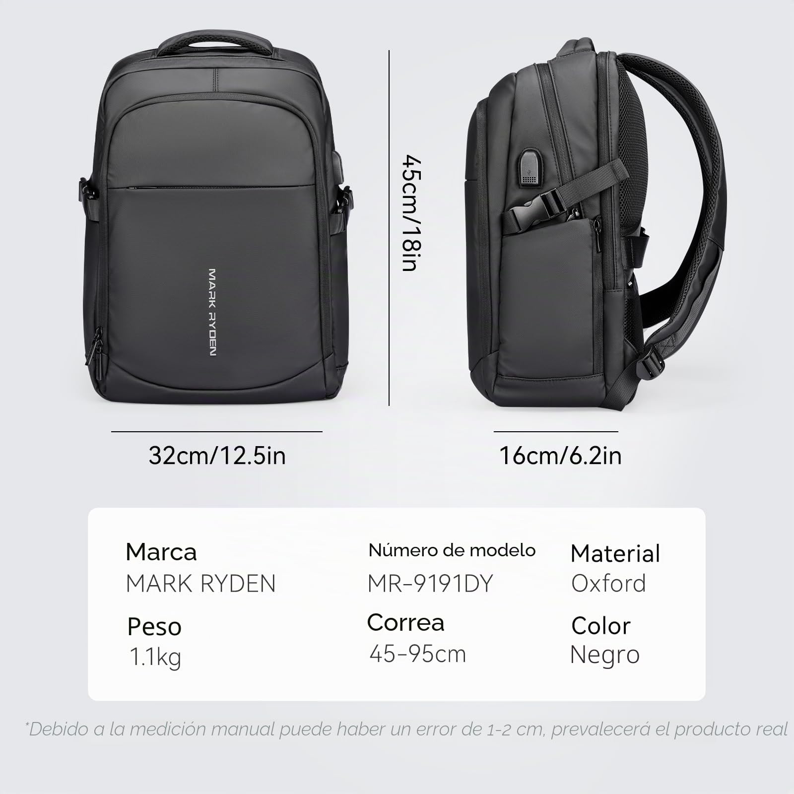 MARK RYDEN Markryden Mochila Antirrobo Impermeable, Mochila para Portátil Multiusos Puerto de Carga USB, Escolar Negocio Viajes Trabajo