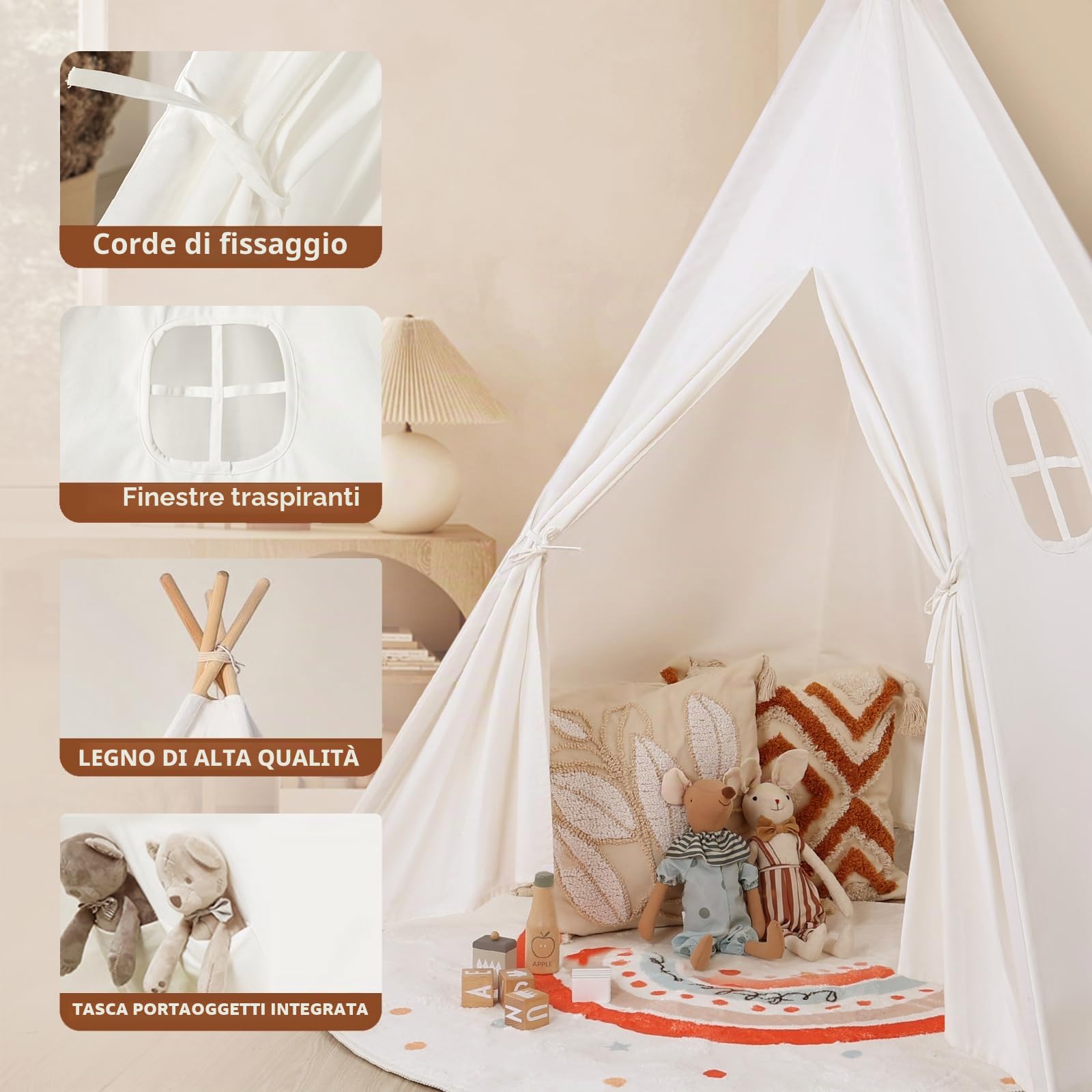 Wilwolfer Tenda per Bambini Cotone Tenda Gioco Bambini con Bandiere Colorate & Borsa Portaoggetti - Tende Indiana Teepee