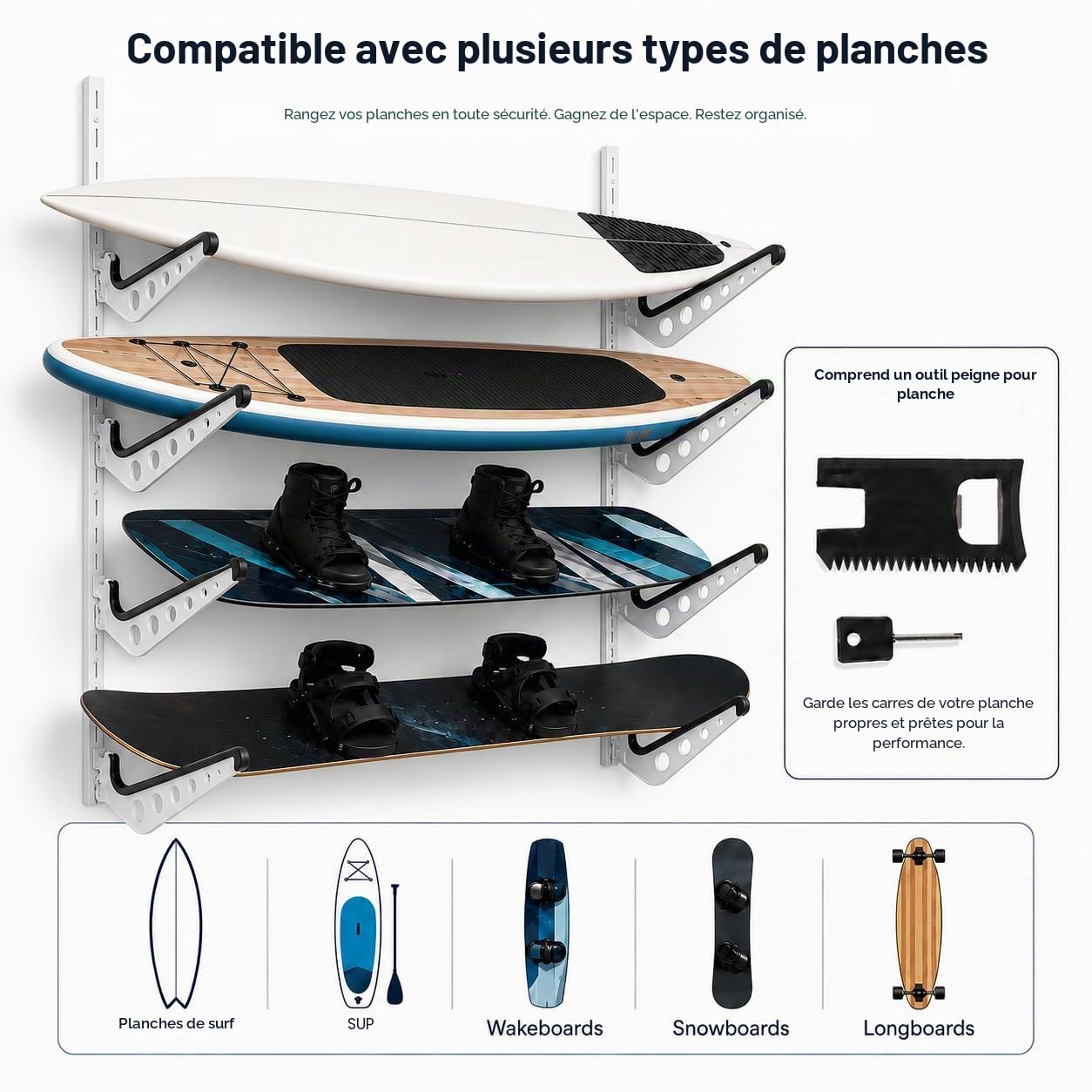 Katai Support mural pour planche de surf – Rangement réglable pour planches de surf, wakeboards, SUP, snowboards, planches à pagaie, skateboards, kayaks et longboards, crochet mural pour garage