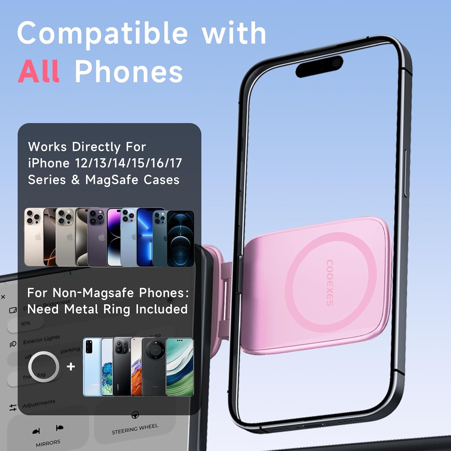 Pink Foldable Magnetic Phone Mount, Hidefold Ultra-Thin Magnetic Phone Holder for Car with Dual Side Strong Magnets, Car Accessories for Women, Fit for All Phone, Dashboard, Laptop, Gym