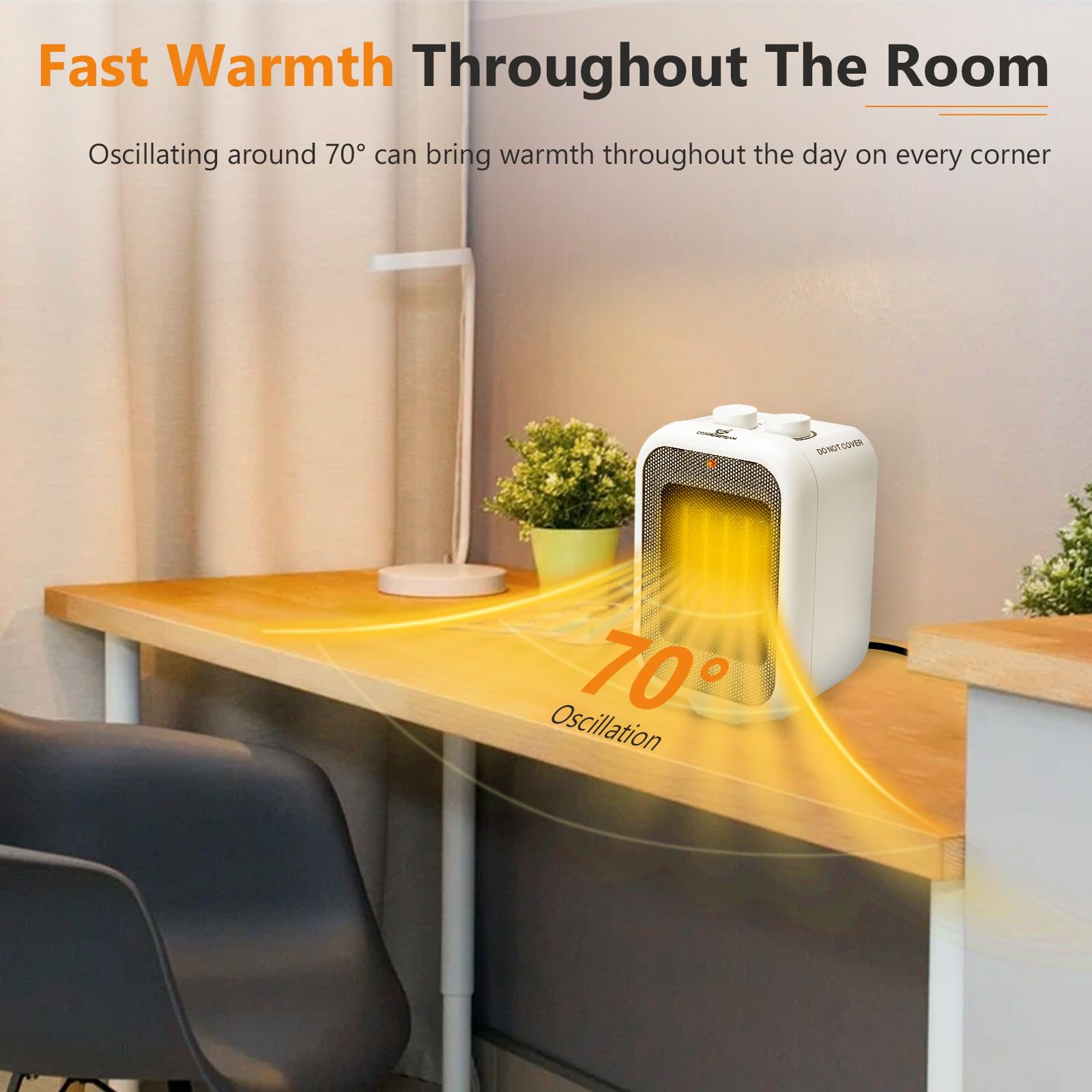 Coppersteam Portable Electric Space Heater, 750W/1500W Fast Heating, 70Â° Oscillation Ideal for Office Bathroom or Home with Adjustable Thermostat, Overheat Protection
