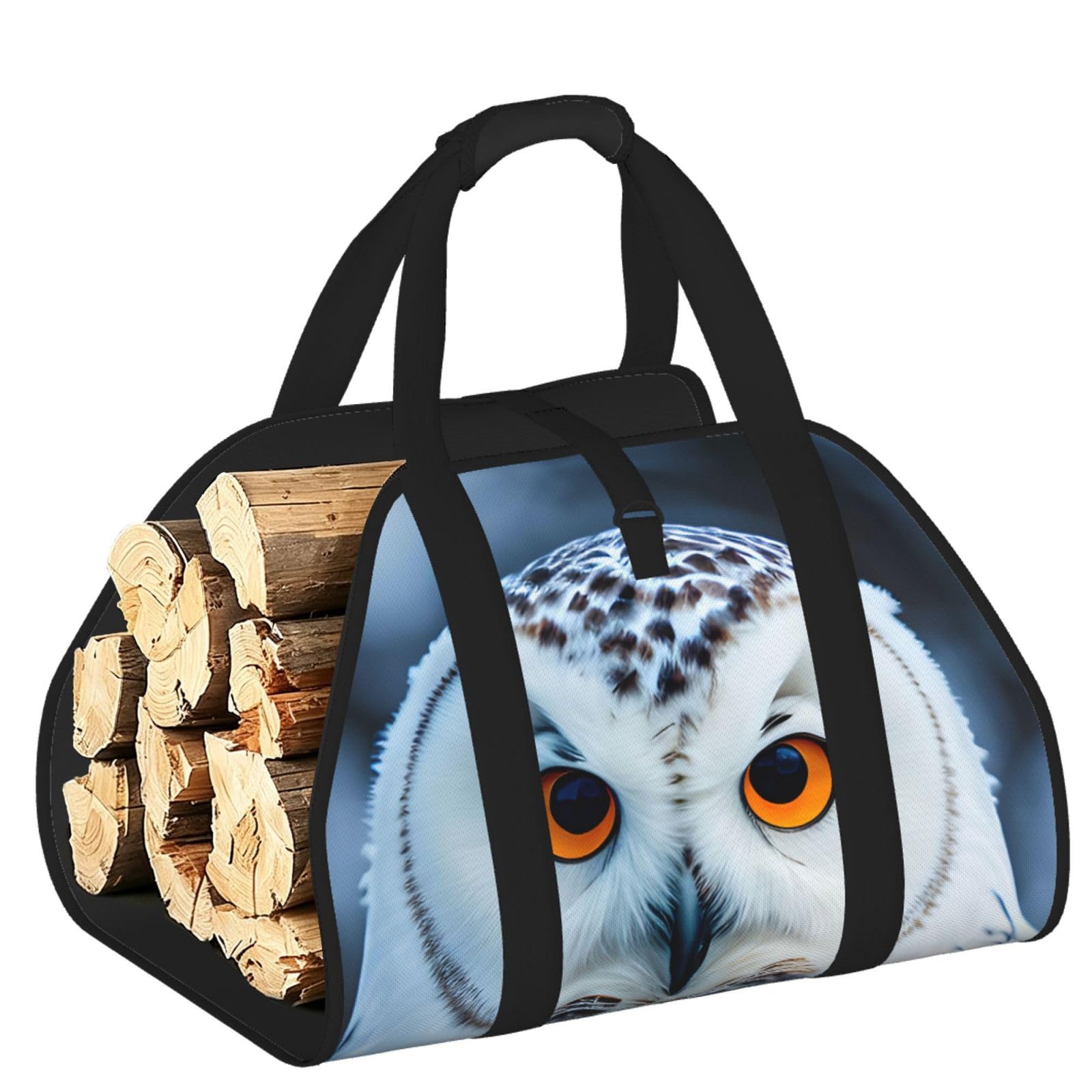 Snowy Owl Eyes Printed Firewood Carrier Bag, Log Tote with Open-Ended Design for Camping Outdoor Wood Hauling