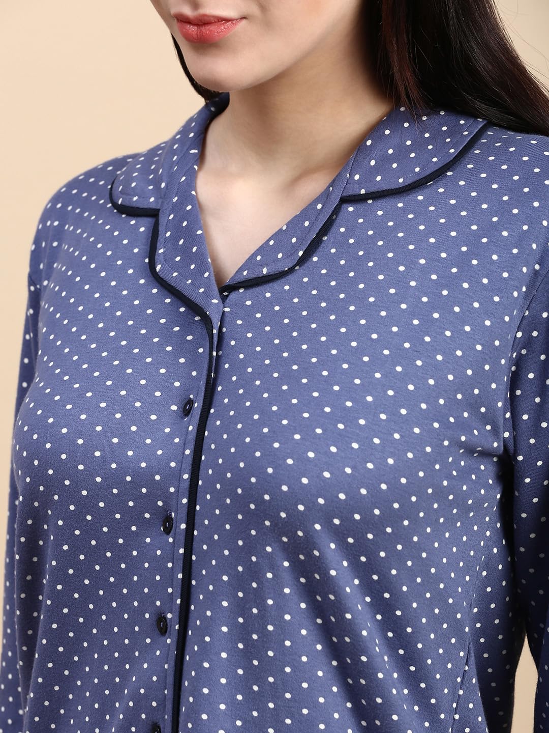 KRYPTIC Womens Lounge Cotton Polka dot Printed 3/4th Sleeve Lapel Collar Front Open Button Placket Relaxed Fit Lounge Tshirt Shirt Top(Cement;XL) - Image 4 thumbnail