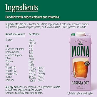 MOMA Barista Oat Drink - 6 x 1L - 100% Plant Based Vegan - Perfect for Frothy Coffee - Made with the whole of the oat for fibre and delicious flavour - No Added Sugar - Vit D, B2 and B12