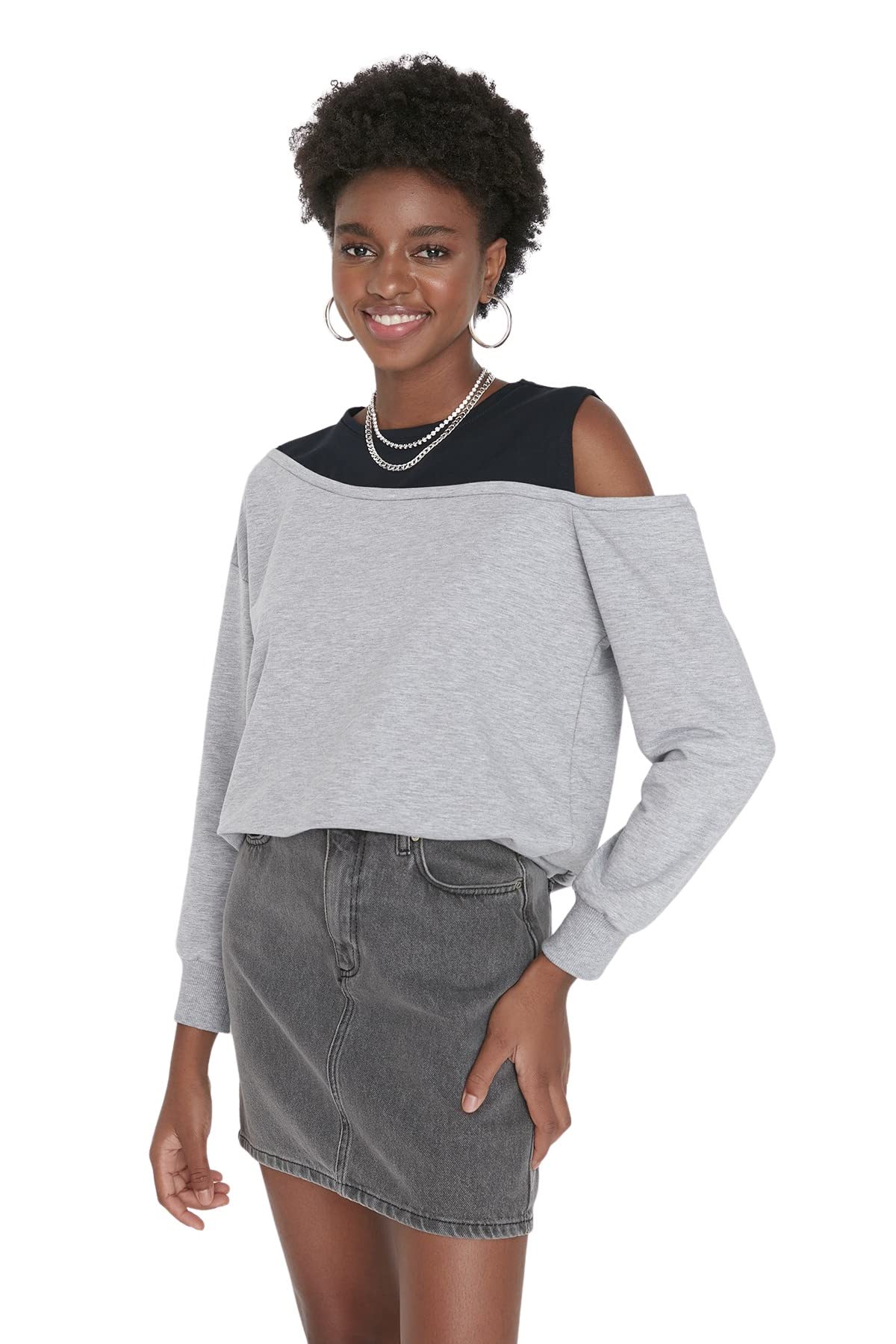 Trendyol Women's High Neck Colorblock Fitted Sweatshirt, Gray, XL UK
