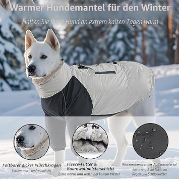 Winter Warm Dog Coat for Medium Large Dogs Waterproof Windproof Dog Jackets Cold Weather Cosy 2 Leg Dog Sports Vest Ski Suit with Harness Buckle & Bag for Hiking Travel