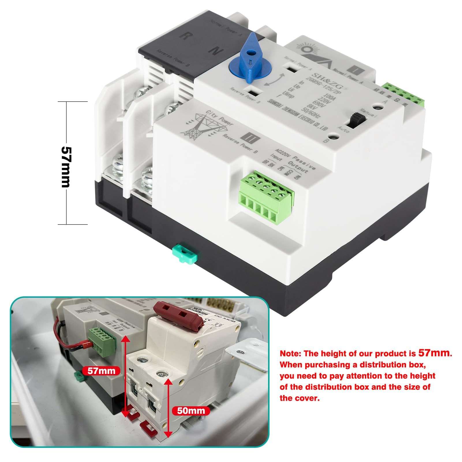 Jadeshay ATS Fotovoltaico, Interruttore di Trasferimento Automatico Fotovoltaico a Doppia Alimentazione Interruttore di Alimentazione Ininterrotta 220V, ZGQ5G-2P 100A