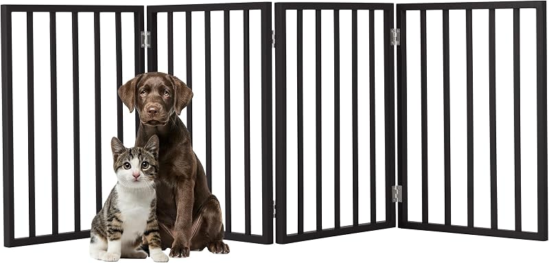 Puerta para mascotas - Valla para perros plegable para interiores de 4 paneles para escaleras, pasillos o puertas - Puertas independientes para perros de madera de 72 x 24 pulgadas de PETMAKER (negro)
