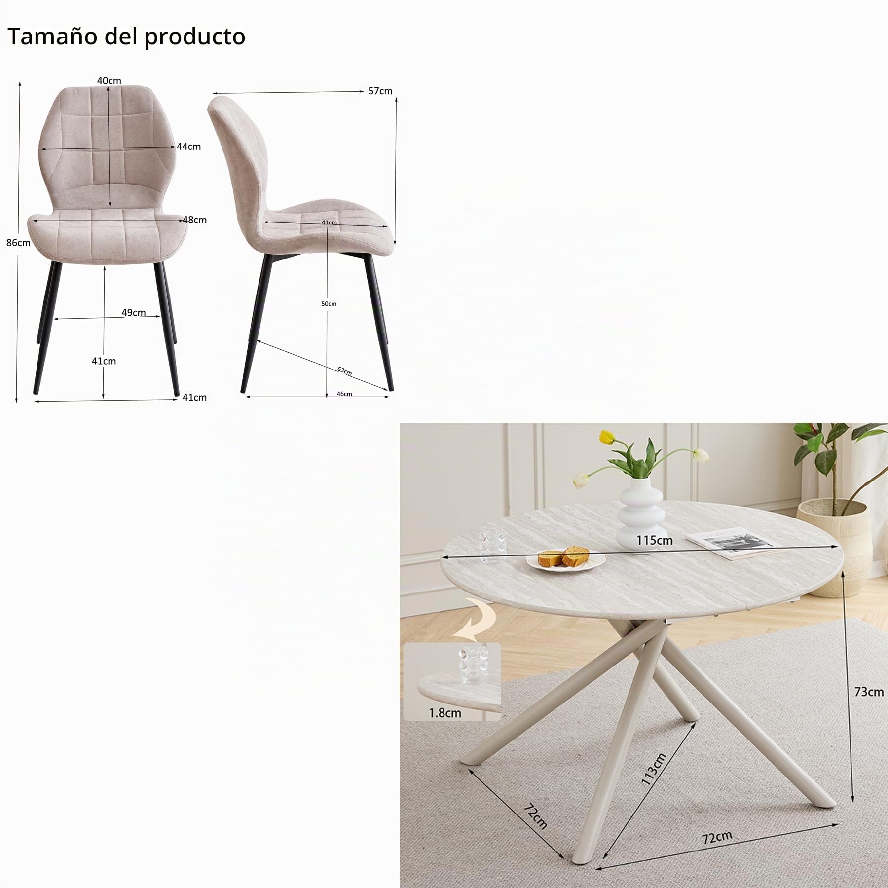 Conjunto de Comedor, Mesa Redonda de Madera de 115 x 115 x 73 cm, con 4 Sillas de Cocina Tapizadas con Respaldo de Lino y Patas de Metal (Mesa Gris Claro + Sillas Beige)
