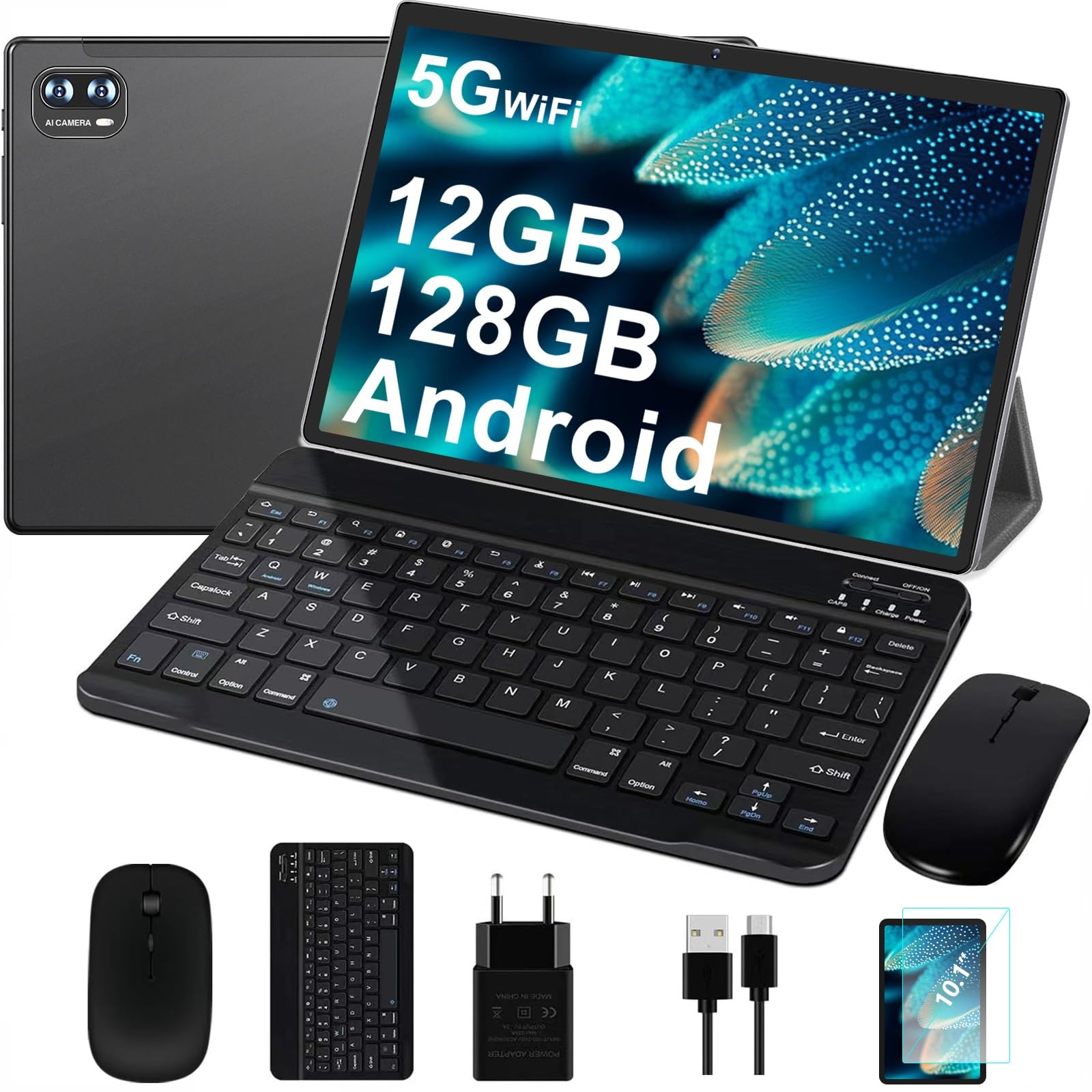 Dghrti Tablet Android, 12GB RAM, 128GB ROM (expandable up to 1TB), 8000mAh, Widevine L1, BT5.0, with Mouse,Protective cover - Black