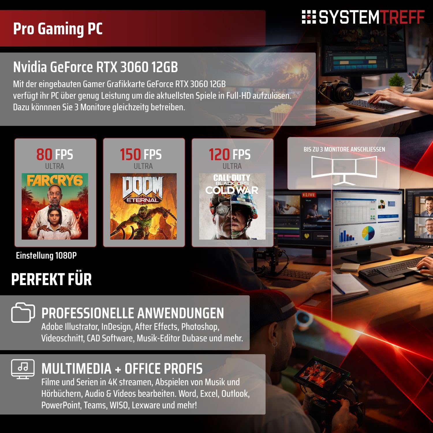 SYSTEMTREFF Basic Gaming Komplett PC Set - AMD Ryzen 5 5500 - RTX 3060 12GB | AMD 6-Kern CPU bis 4.2 GHz, 16GB DDR4, 512GB M.2 NVMe SSD, Nvidia Grafik, Windows 11, 27 Zoll TFT Display, für Gaming