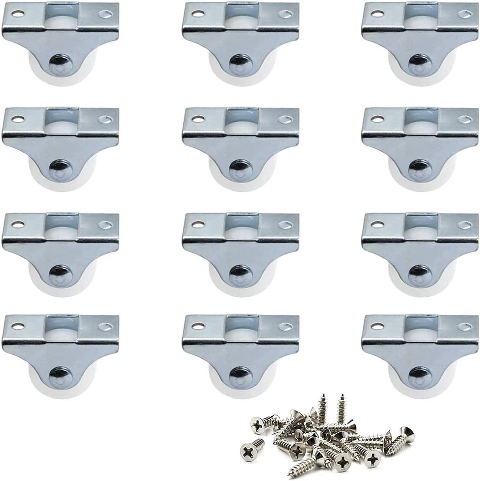 12 Pack 1" Caster Wheels Rigid Fixed Non Swivel Casters with Metal Top Plate Hard Plastic Wheels for Furniture, Silver