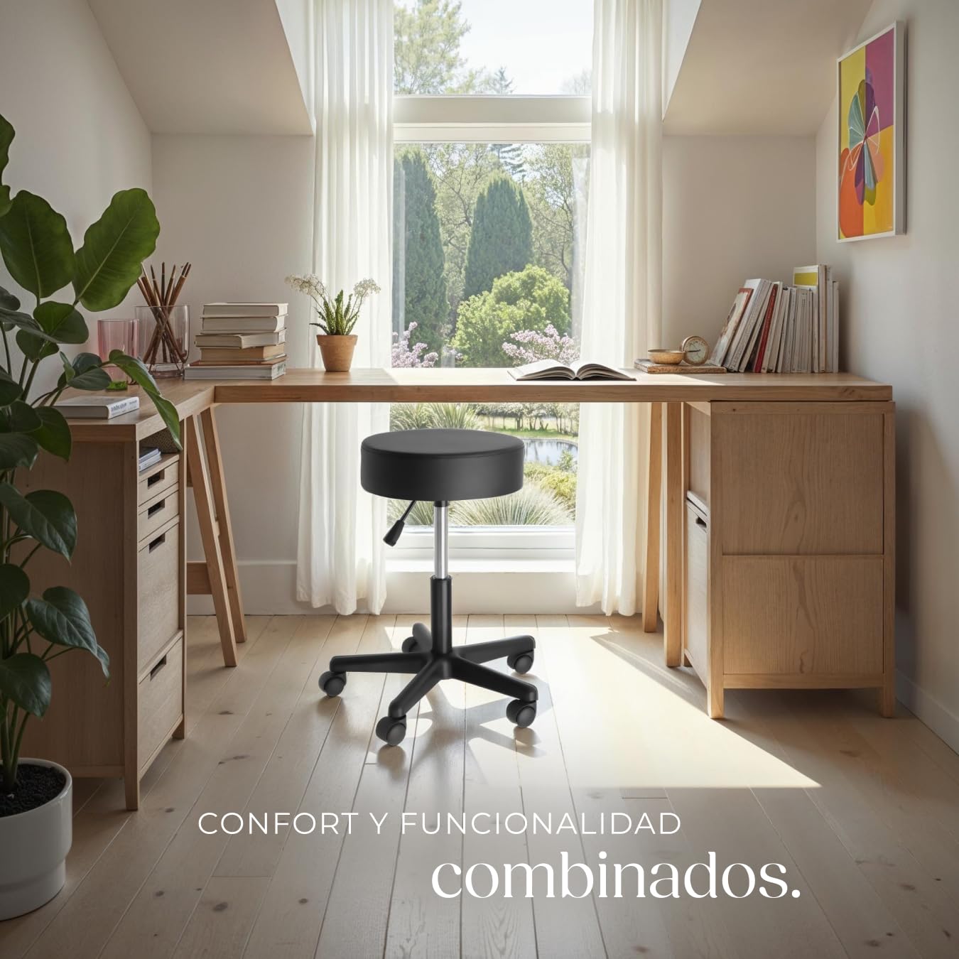 tectake® Taburete Regulable y Giratorio con Ruedas, Ideal como Taburete Cocina, Banqueta o Banquetas Cocina, Cómodo y Práctico para Taburetes con Ruedas - 48 x 48 x 63 cm Negro