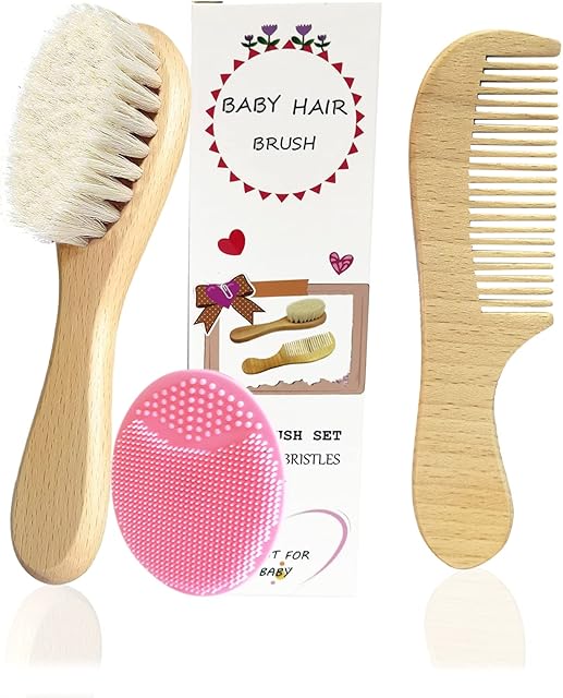 Mocarheri 3 Piece Baby Hair Brush & Comb Set, Goat Bristles Brush and Silicone Hair Massage Brush for Cradle Cap Treatment Wood Bristle Brush for Newborns and Toddlers