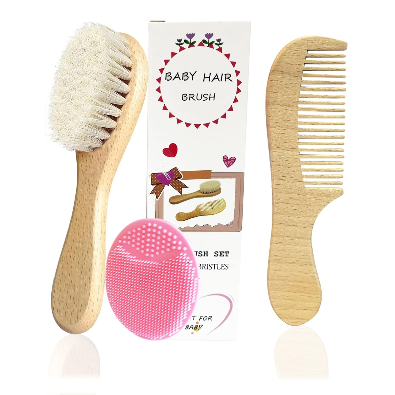 3PCS Baby Hair Brush with Wooden Handle and Comb Set for Newborns & Toddlers | Natural Soft Goat Bristles l Wood comb l Pink Silicone Brush| Ideal for Cradle Cap