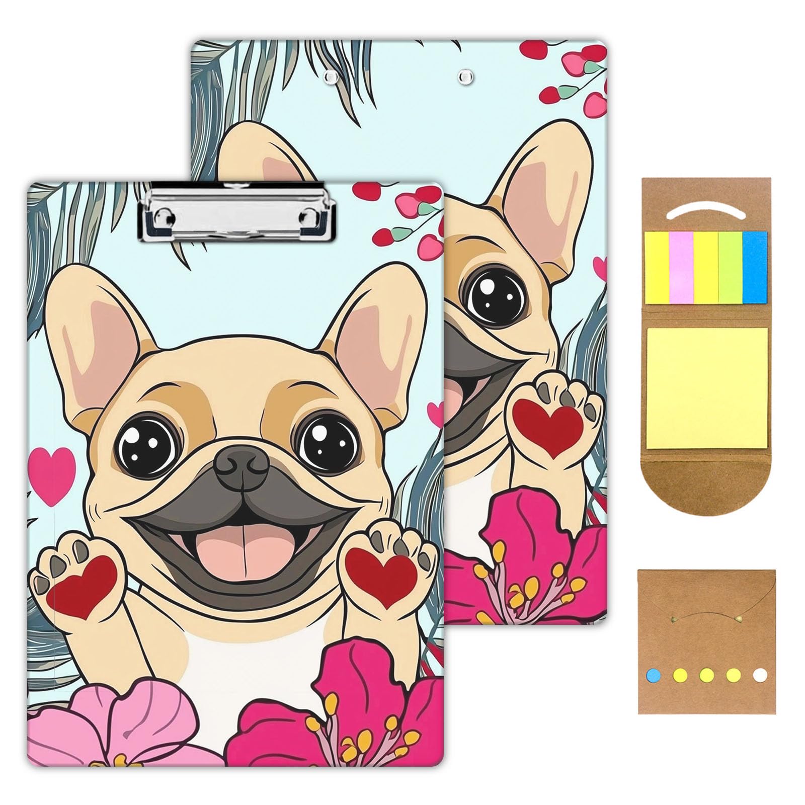 KUJKBFWJ Acrylic Clipboards with Sticky Note, A4 Letter Size Durable Cute Clip Board 9x12.5, for Students, Nursing, School and Office, with Low Profile Clip & Hanging Loop, Cute Happy Dog