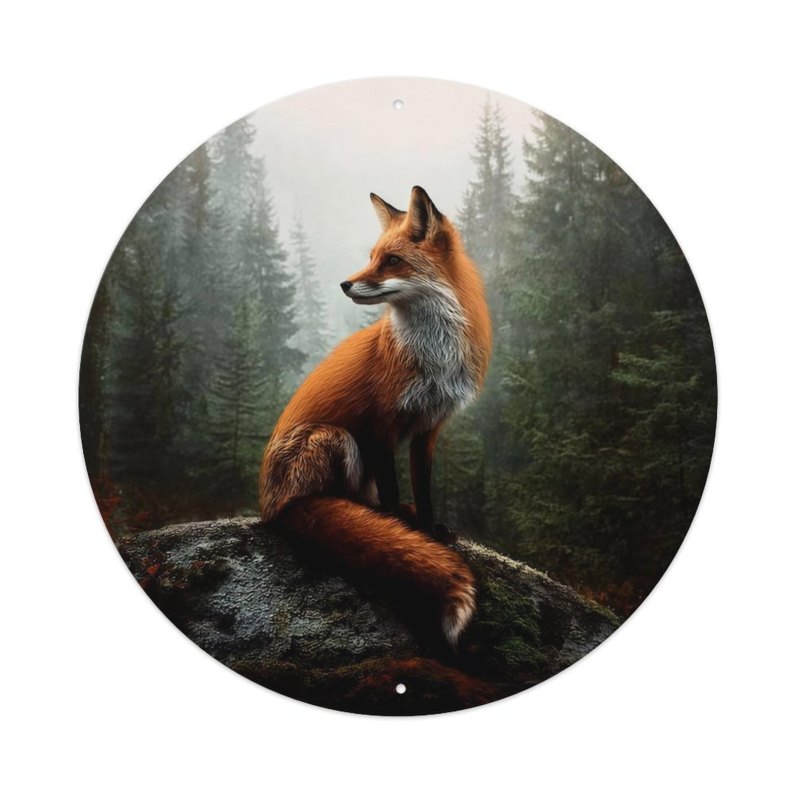 Fox On Rock In Forest Vintage Metal Tin Sign Retro Wall Decor for Home Bar Garage Cafe, Indoor & Outdoor Decorative，circle Metal Poster, 8x8 Inch