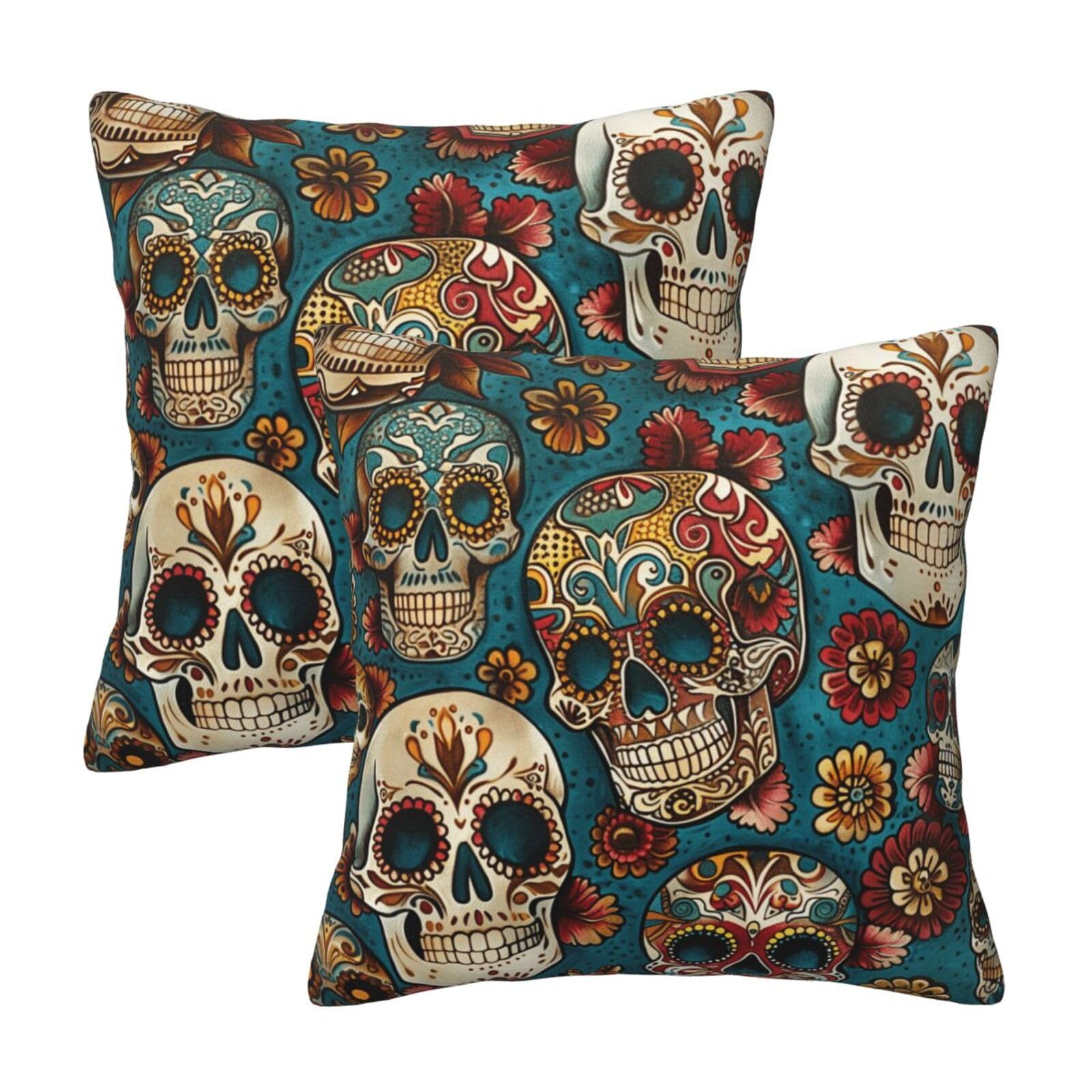 kkvhhyuo Sugar Skulls Print Print Pillow Covers Set of 2, Square Decorative Cushion Covers with Hidden Zipper, Throw Pillow Cases for Living Room Sofa Bed Chair, 50x50 cm